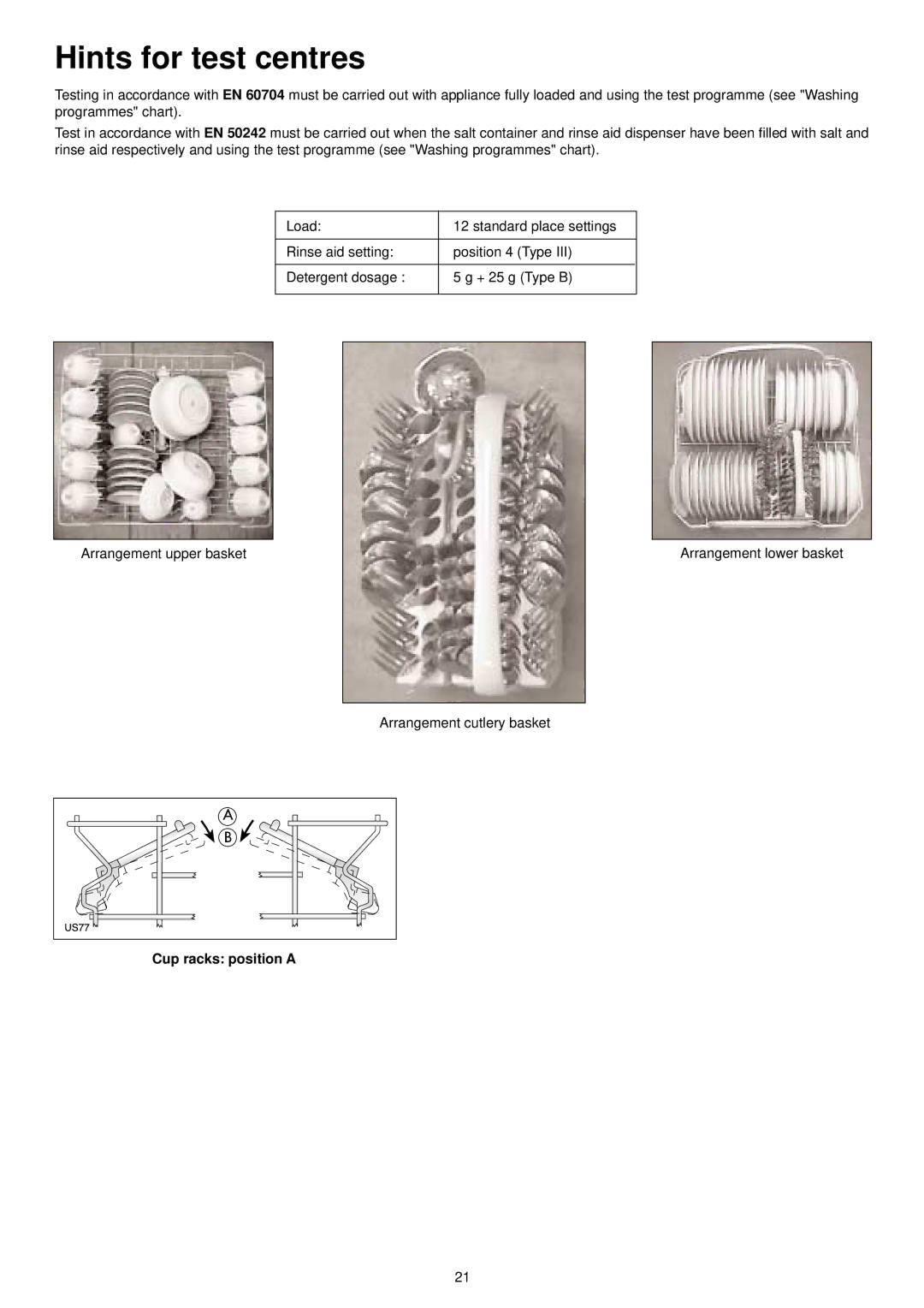 Zanussi ZSF 6066 manual Hints for test centres, Cup racks position a 