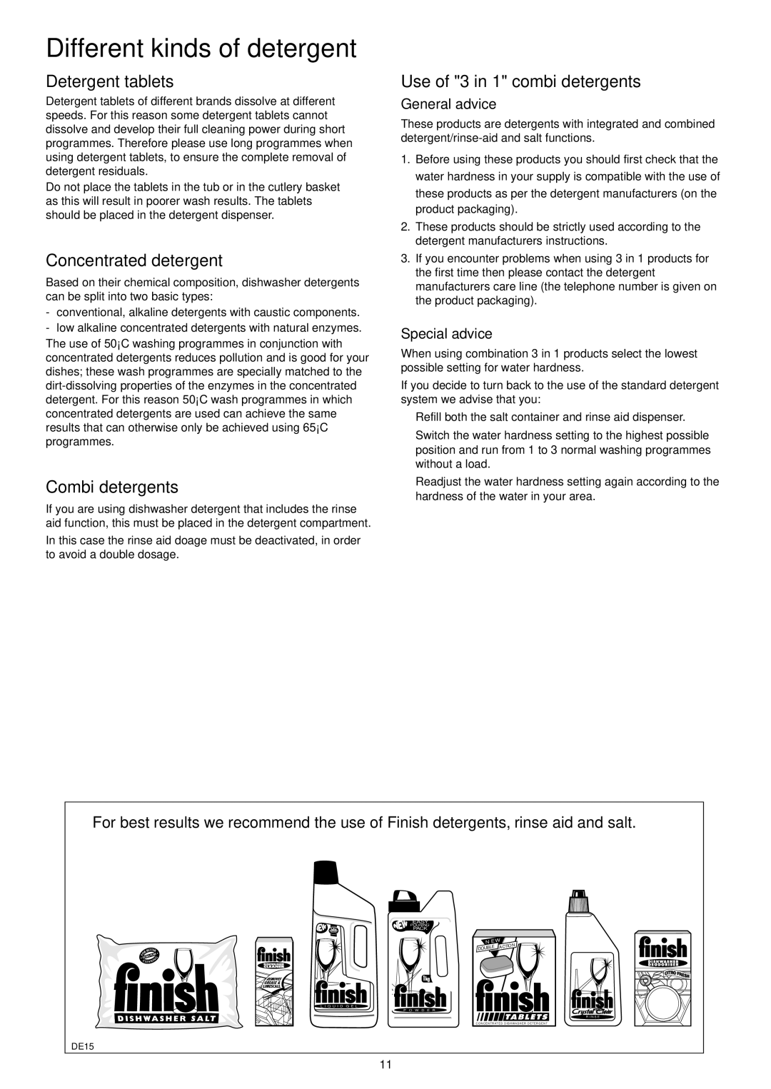 Zanussi ZSF 6120 manual Different kinds of detergent, Detergent tablets, Concentrated detergent, Combi detergents 