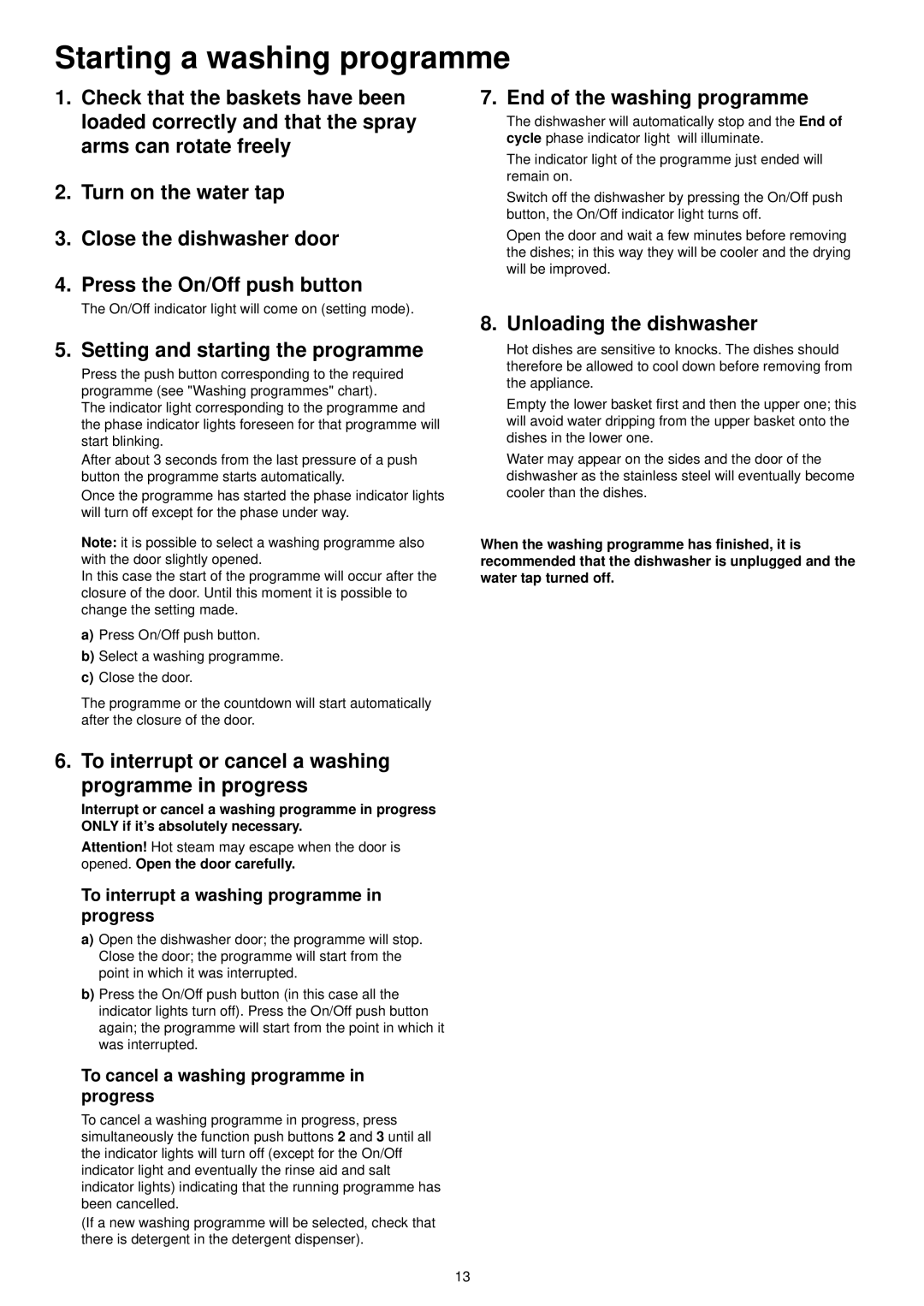 Zanussi ZSF 6120 manual Starting a washing programme, Setting and starting the programme, Unloading the dishwasher 