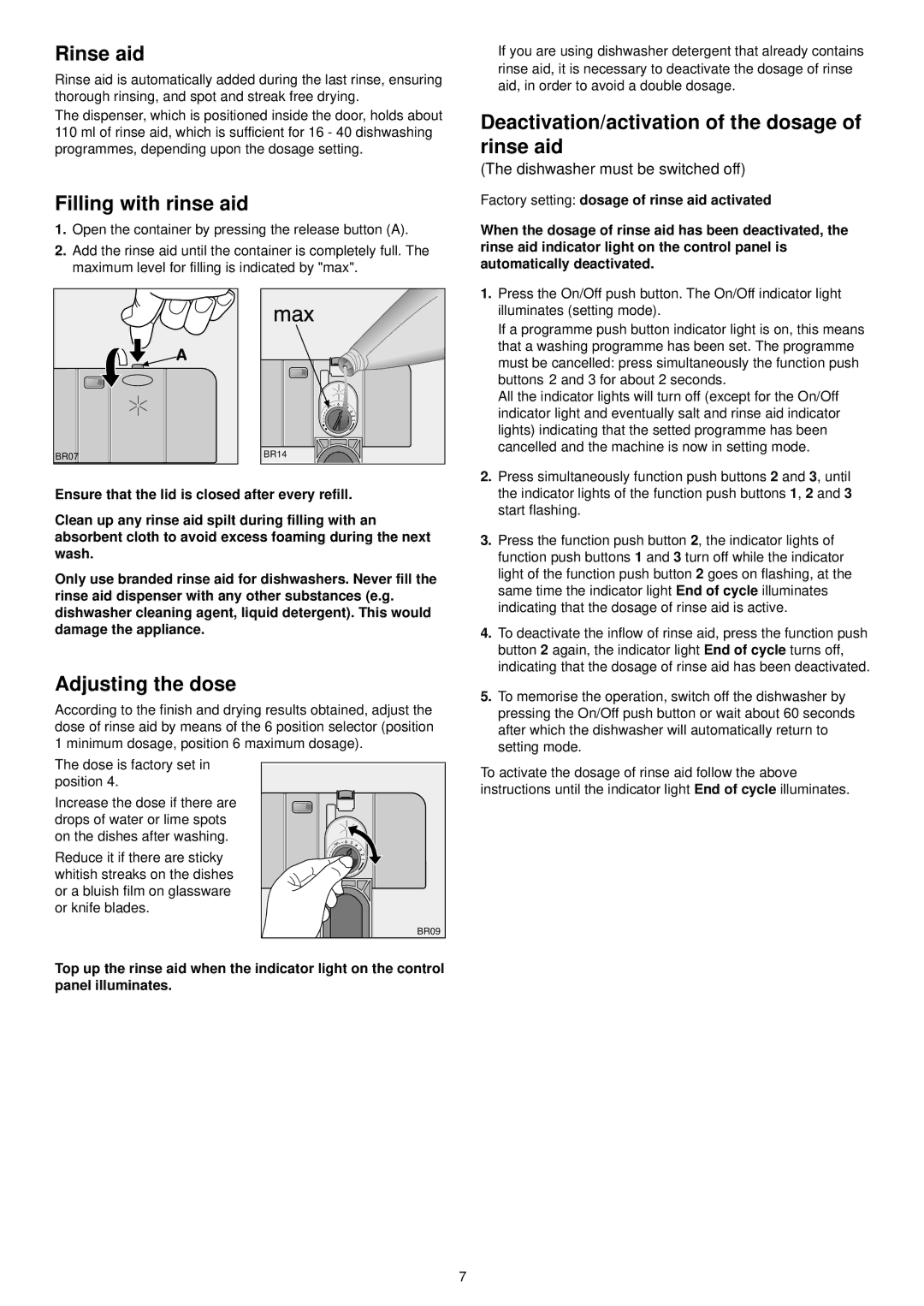 Zanussi ZSF 6120 Rinse aid, Filling with rinse aid, Deactivation/activation of the dosage of rinse aid, Adjusting the dose 