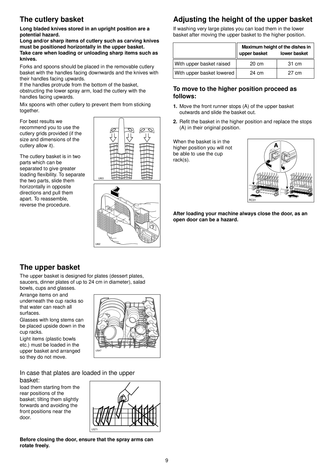 Zanussi ZSF 6120 manual Cutlery basket, Adjusting the height of the upper basket, Upper basket, Their original position 