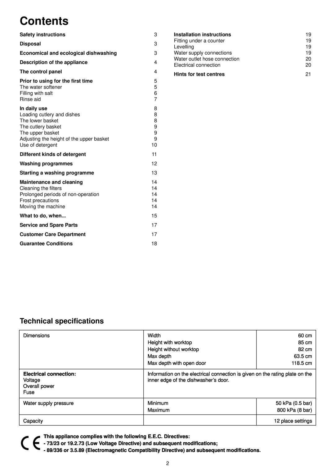 Zanussi ZSF 6120 manual Contents, Technical specifications 