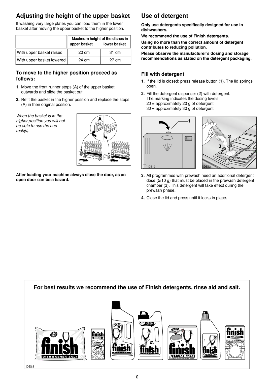 Zanussi ZSF 6126 manual Adjusting the height of the upper basket, Use of detergent, Fill with detergent 