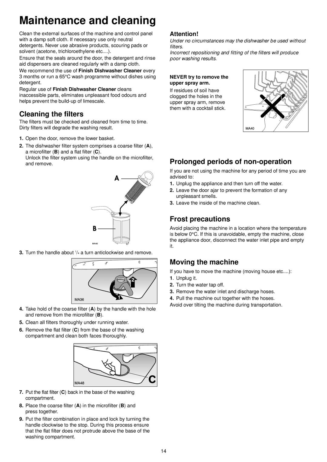 Zanussi ZSF 6126 Maintenance and cleaning, Cleaning the filters, Prolonged periods of non-operation, Frost precautions 