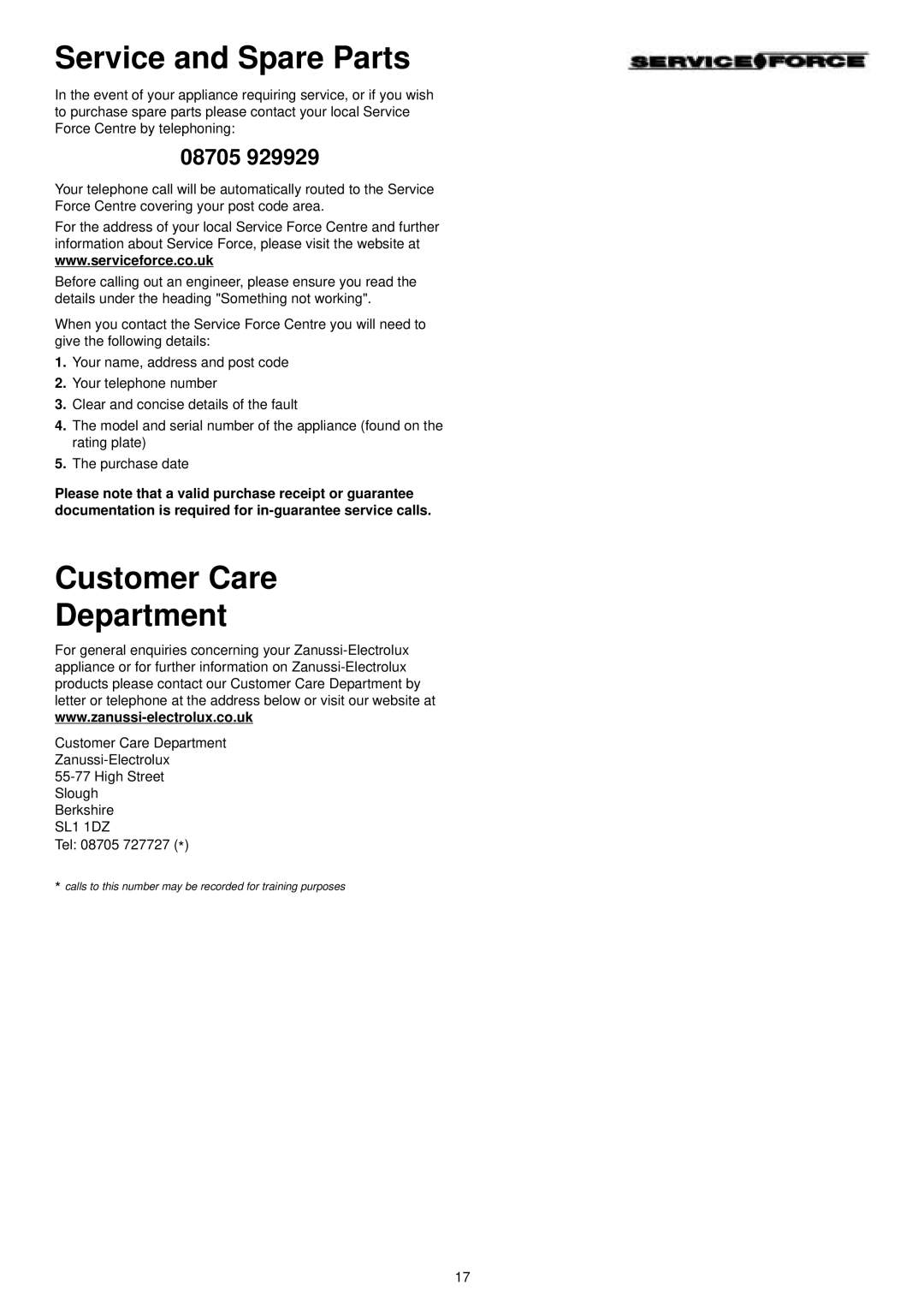 Zanussi ZSF 6126 manual Service and Spare Parts, Customer Care Department 