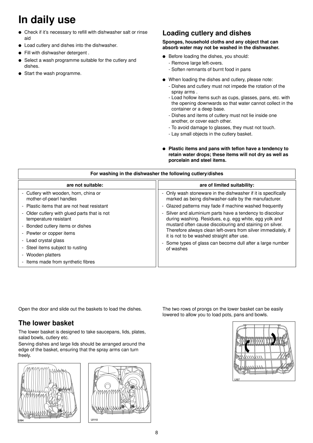 Zanussi ZSF 6126 manual Daily use, Loading cutlery and dishes, Lower basket, Are of limited suitability 