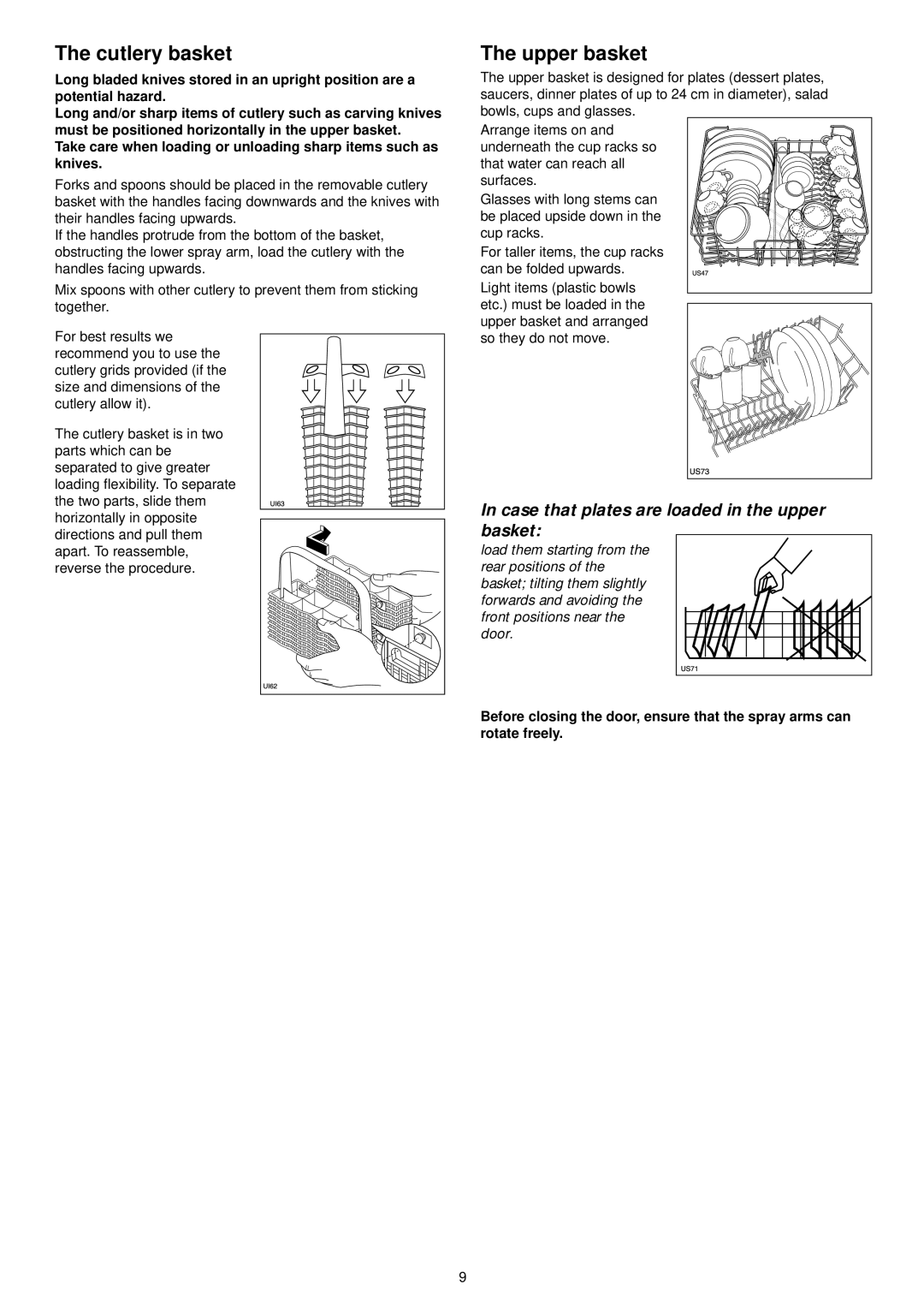 Zanussi ZSF 6126 manual The cutlery basket, The upper basket, In case that plates are loaded in the upper basket 