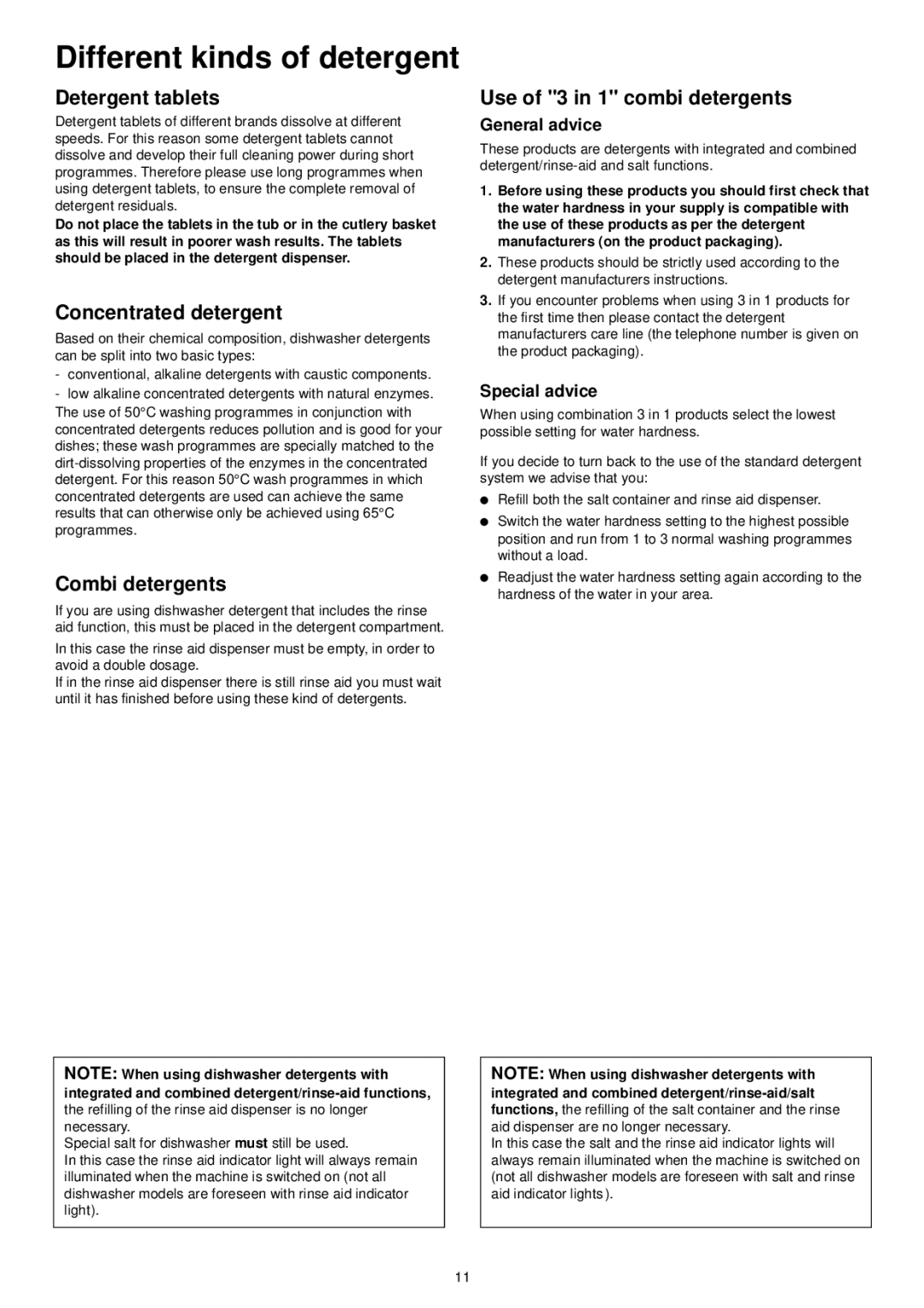 Zanussi ZSF 6128 manual Different kinds of detergent, Detergent tablets, Concentrated detergent, Combi detergents 