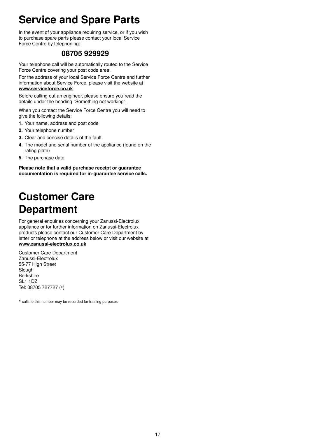 Zanussi ZSF 6128 manual Service and Spare Parts, Customer Care Department 