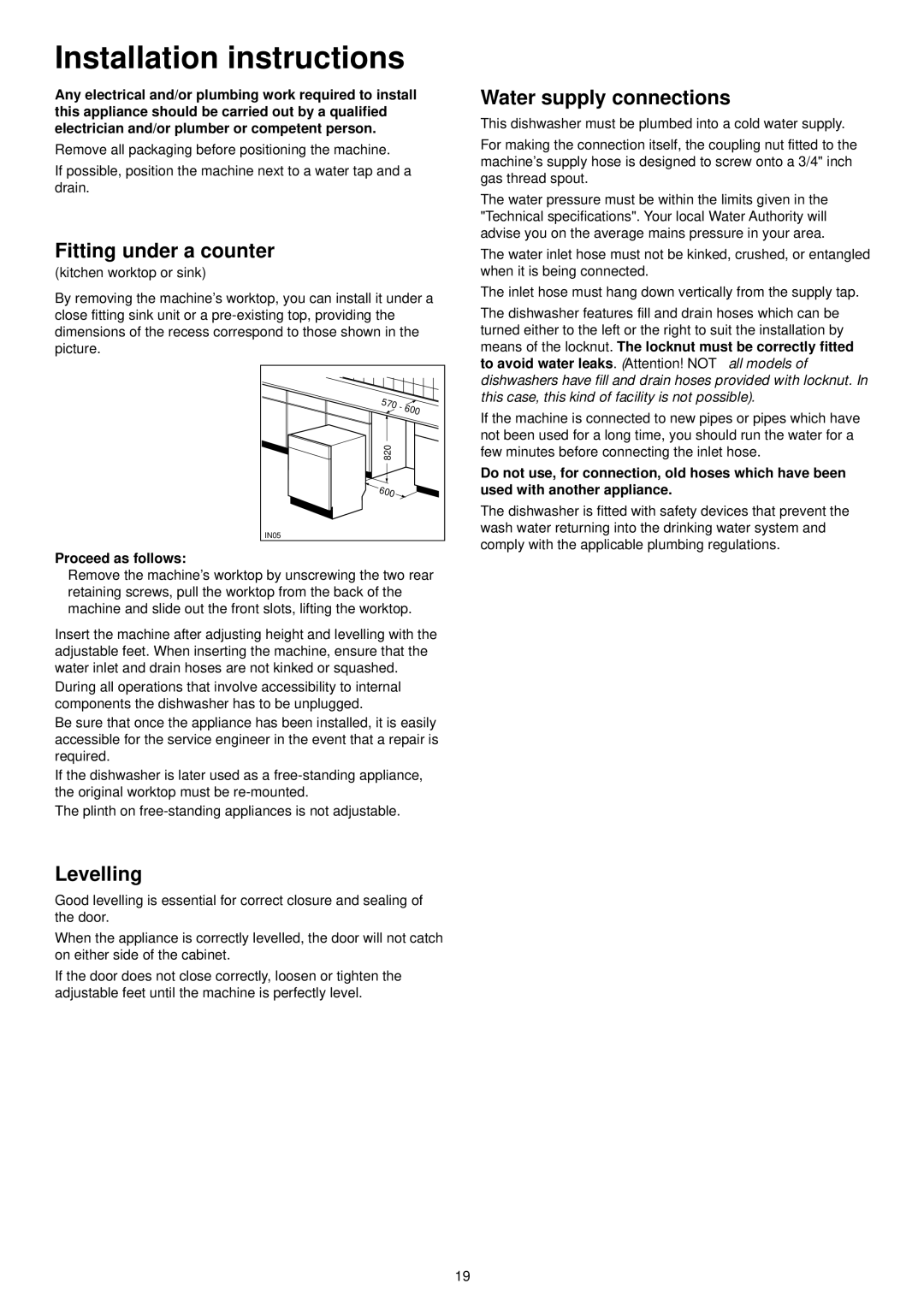 Zanussi ZSF 6128 manual Installation instructions, Fitting under a counter, Levelling, Water supply connections 