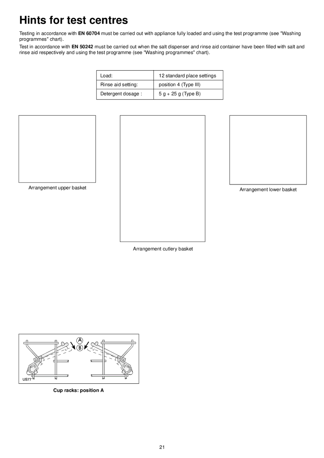 Zanussi ZSF 6128 manual Hints for test centres, Cup racks position a 