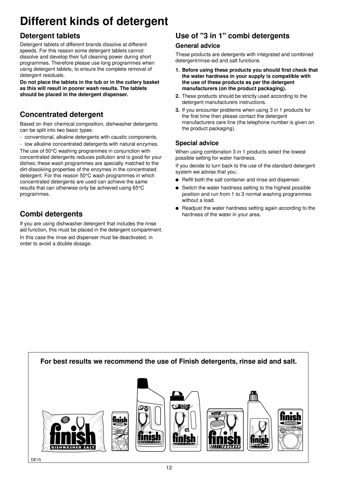 Zanussi ZSF 6150 S manual Different kinds of detergent, Detergent tablets, Concentrated detergent, Combi detergents 