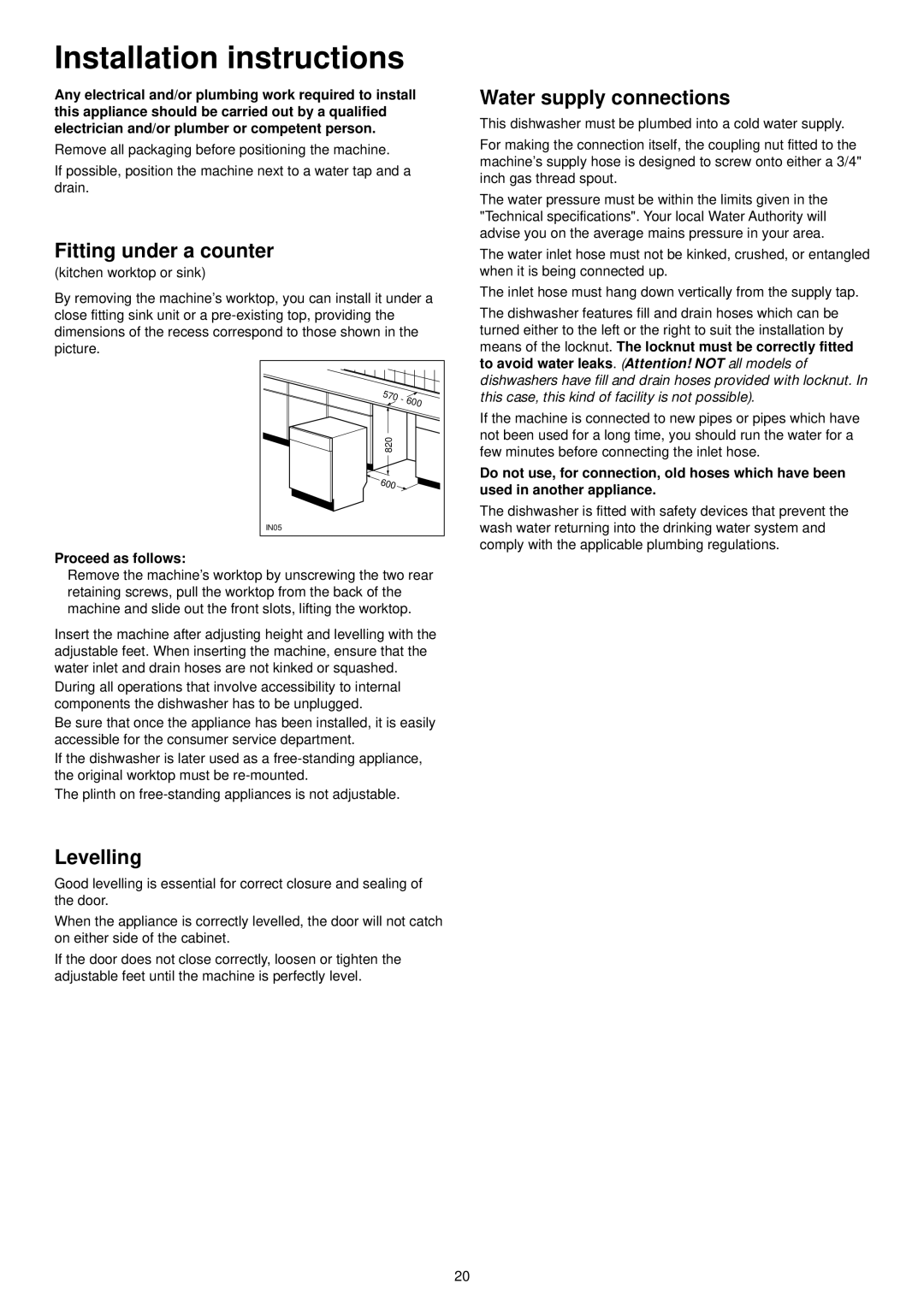 Zanussi ZSF 6150 S manual Installation instructions, Fitting under a counter, Levelling, Water supply connections 