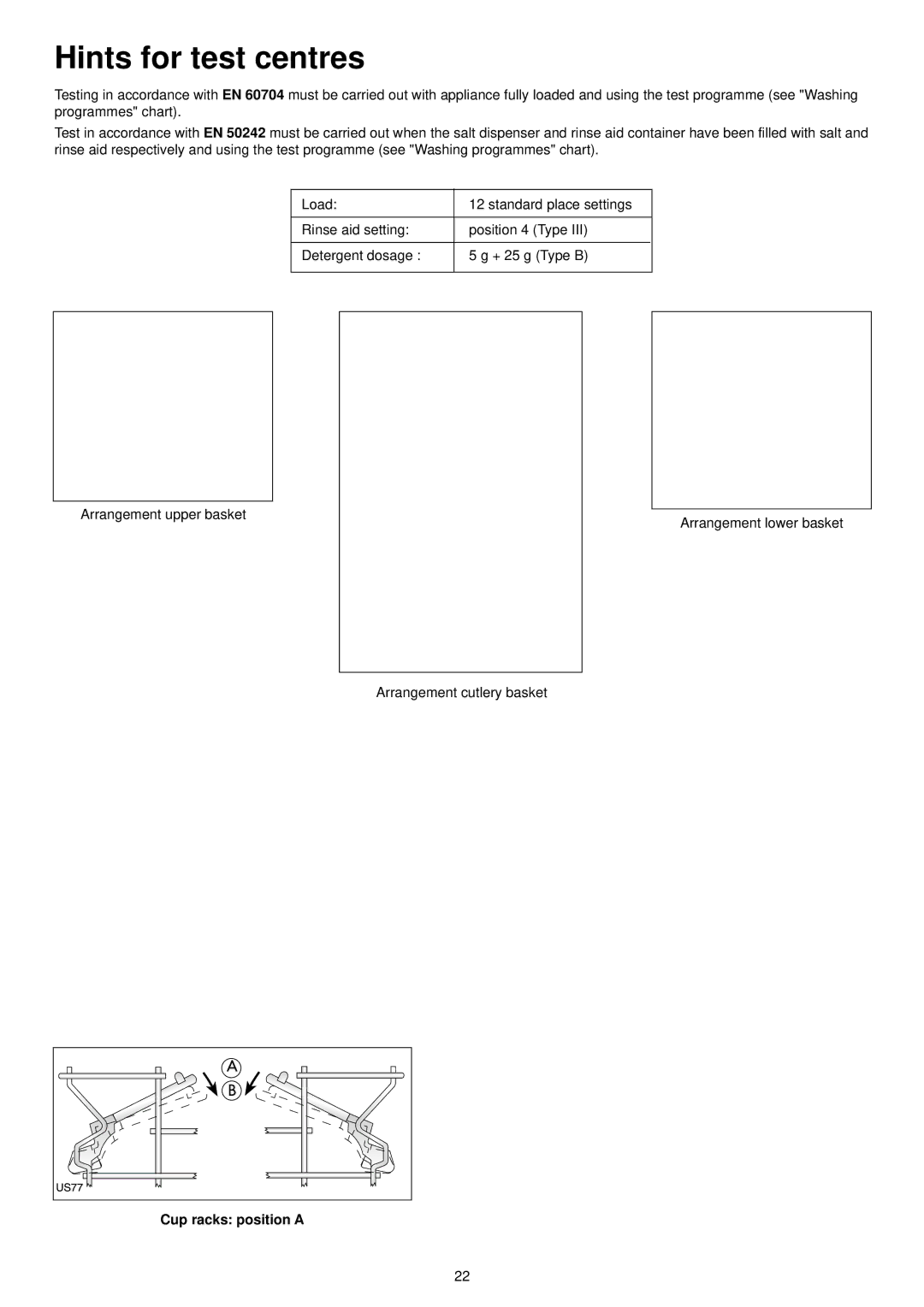 Zanussi ZSF 6150 S manual Hints for test centres, Cup racks position a 