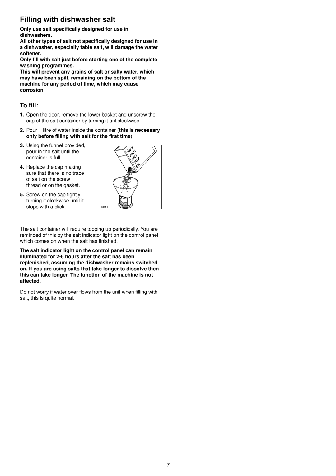 Zanussi ZSF 6150 S manual Filling with dishwasher salt, To fill 