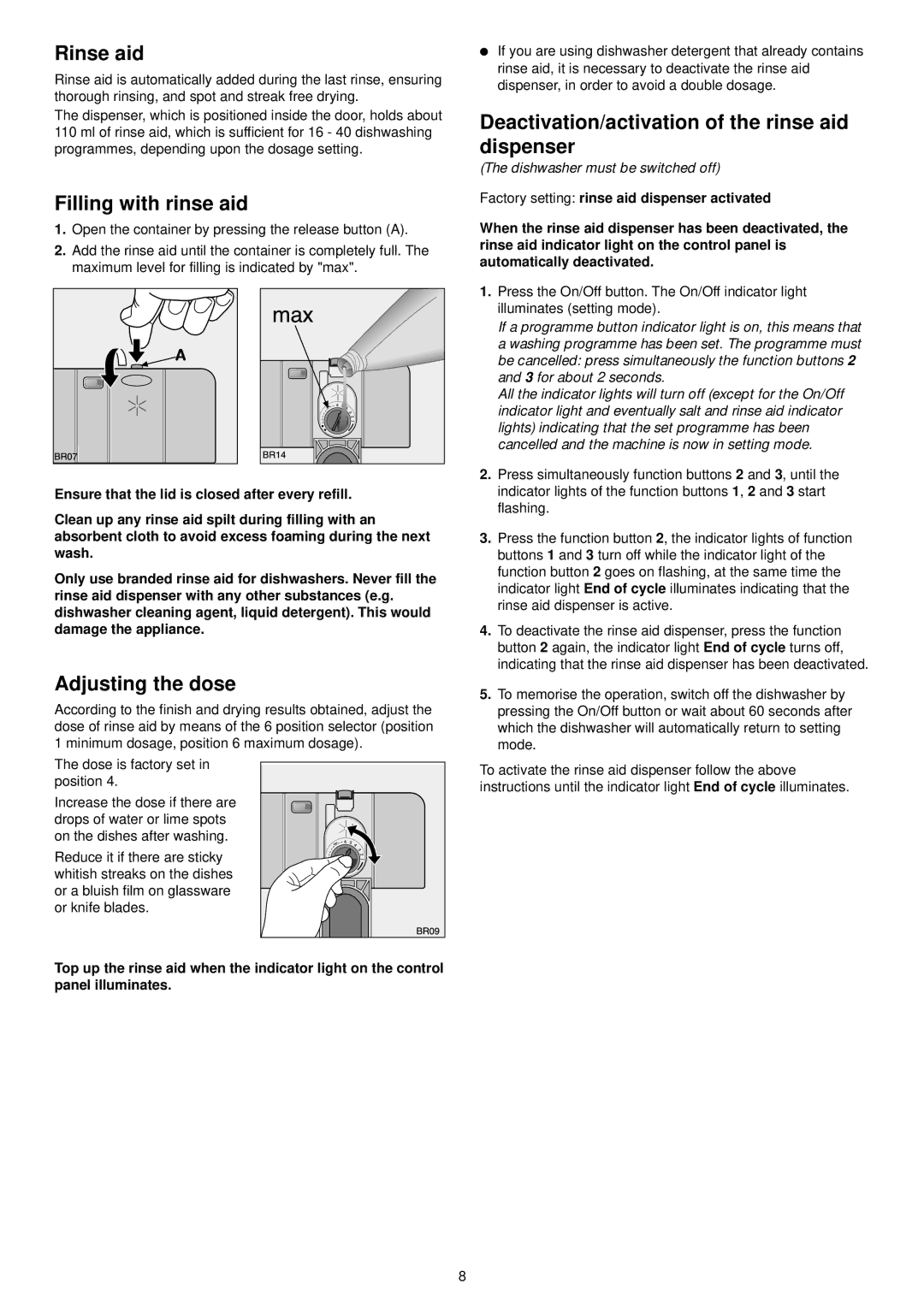 Zanussi ZSF 6150 Rinse aid, Filling with rinse aid, Adjusting the dose, Deactivation/activation of the rinse aid dispenser 