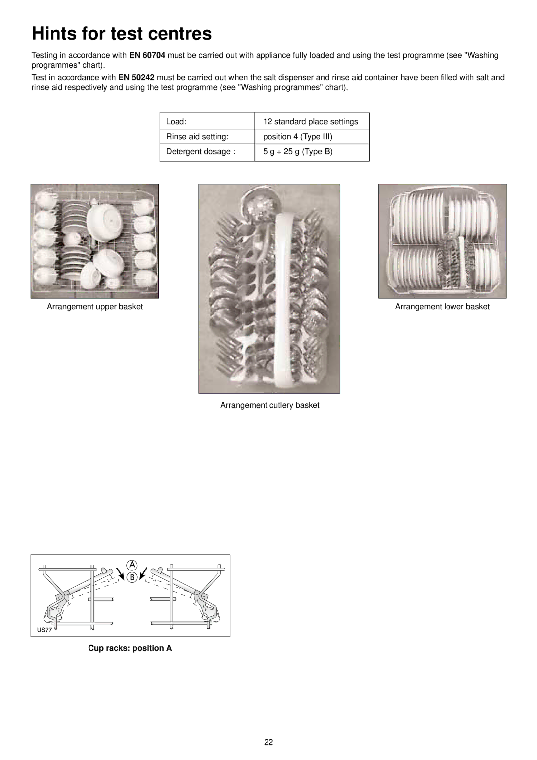 Zanussi ZSF 6152 manual Hints for test centres, Cup racks position a 