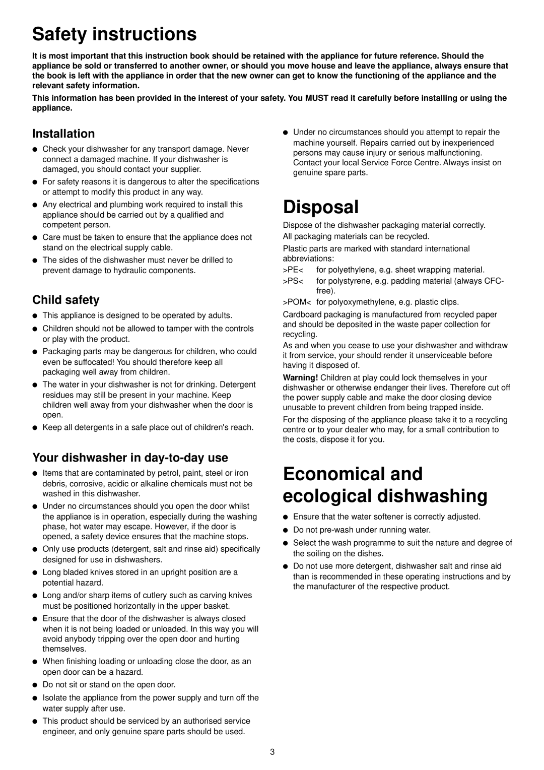 Zanussi ZSF 6152 manual Safety instructions, Disposal, Installation, Child safety, Your dishwasher in day-to-day use 