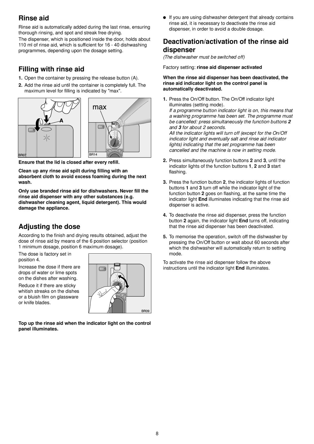 Zanussi ZSF 6152 Rinse aid, Filling with rinse aid, Adjusting the dose, Deactivation/activation of the rinse aid dispenser 