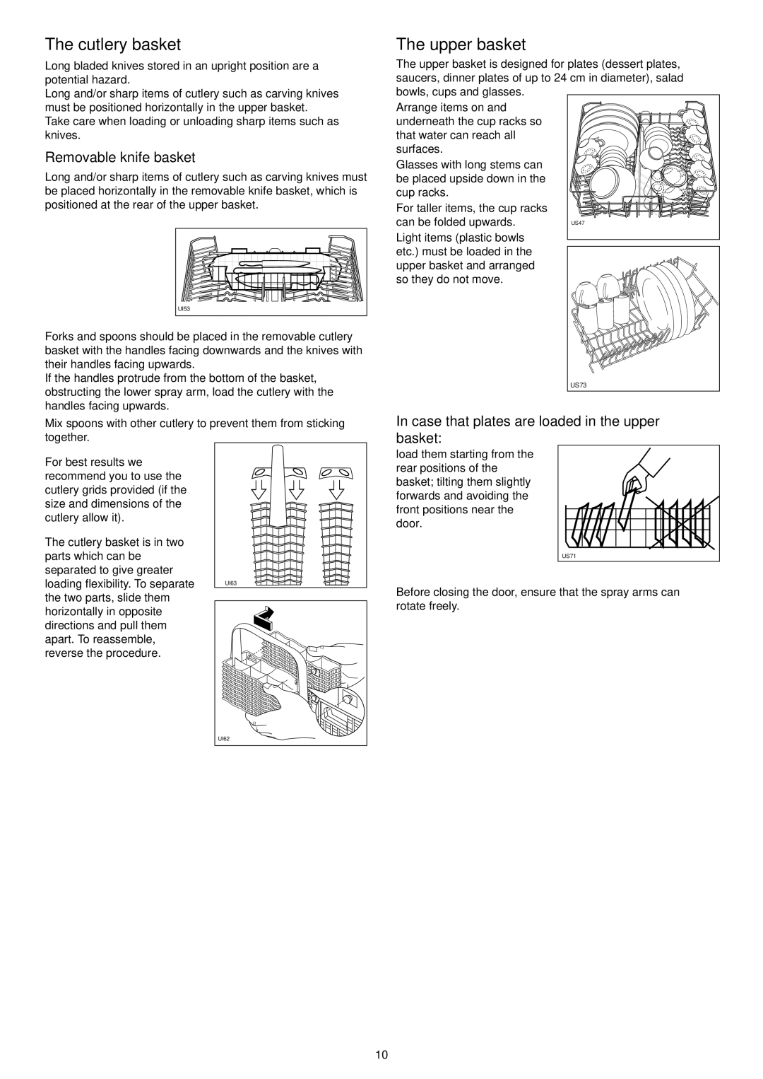 Zanussi ZSF 6160 manual Cutlery basket, Upper basket, Removable knife basket 