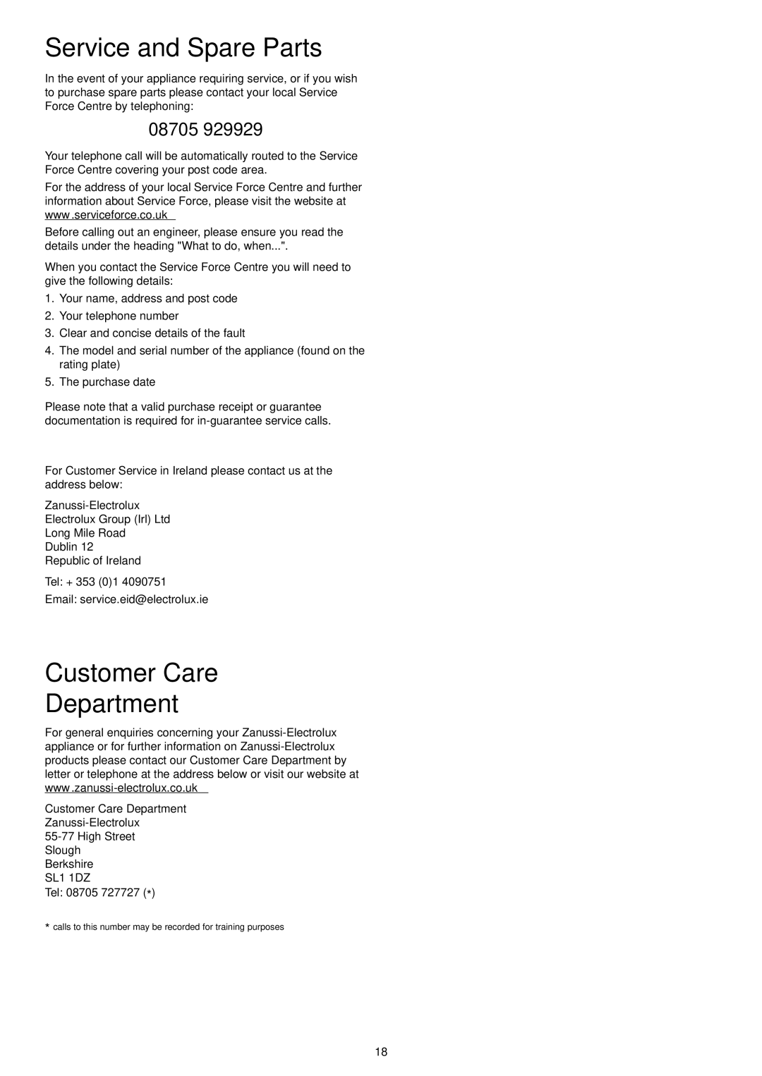 Zanussi ZSF 6160 manual Service and Spare Parts, Customer Care Department 