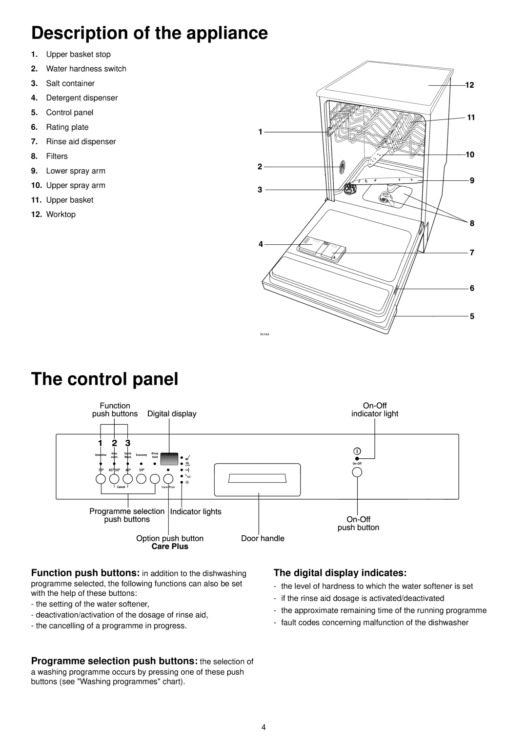 Zanussi ZSF 6160 manual Description of the appliance, Control panel, Digital display indicates 