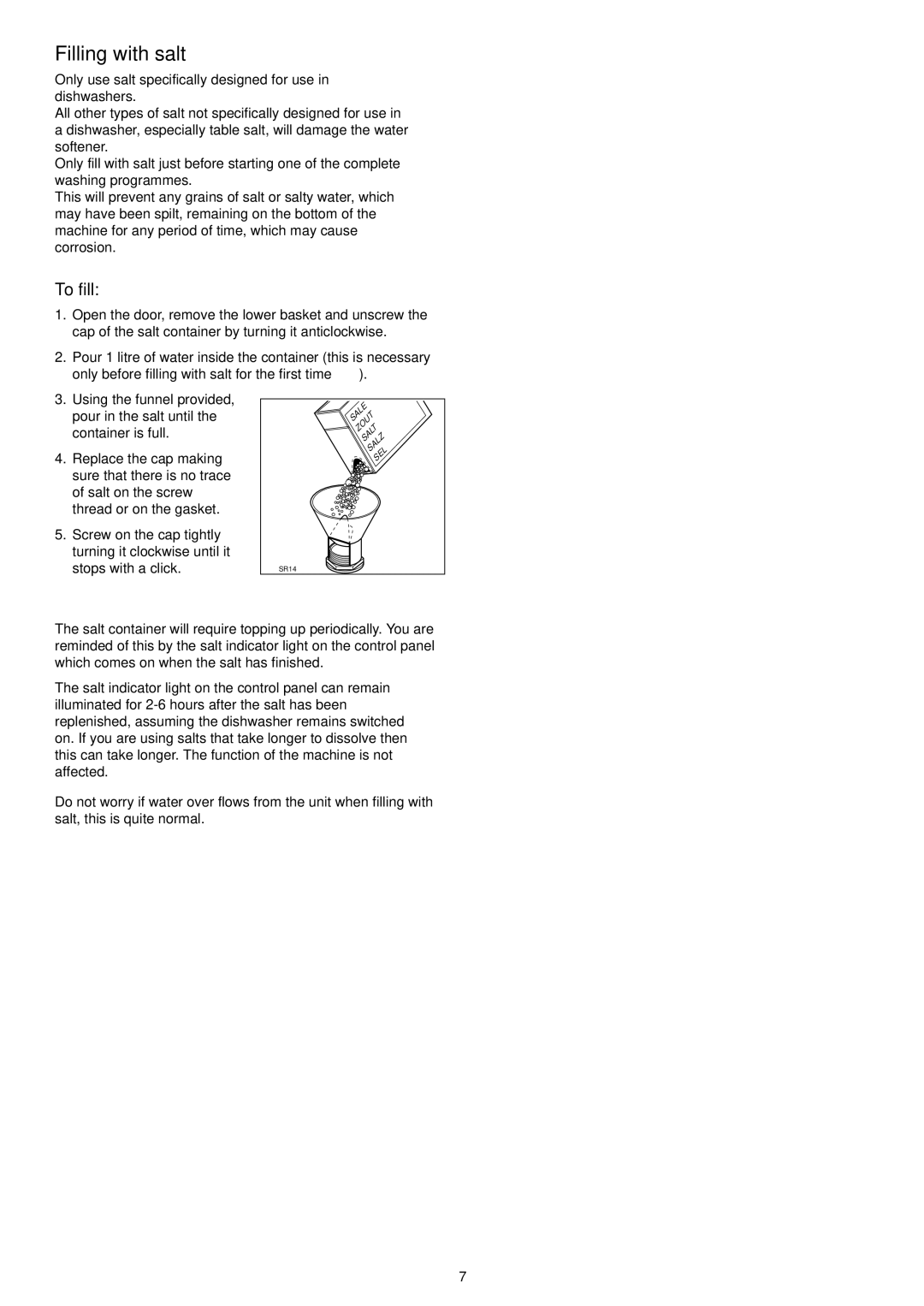 Zanussi ZSF 6160 manual Filling with salt, To fill 