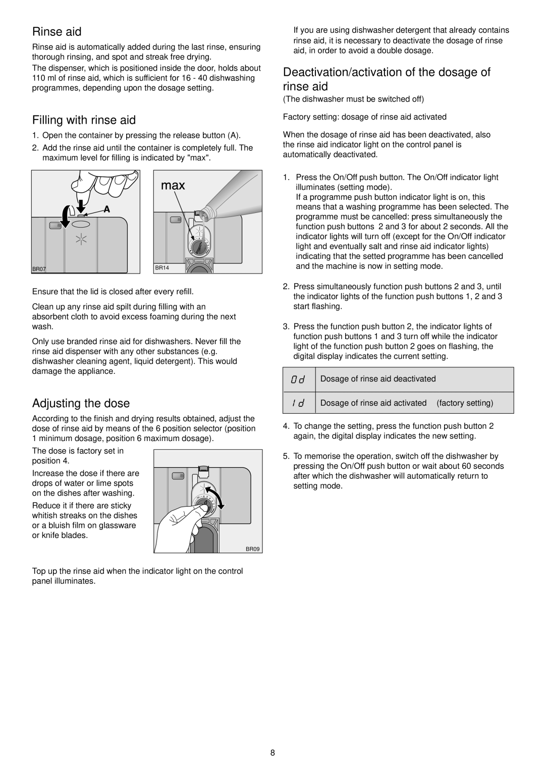 Zanussi ZSF 6160 Rinse aid, Filling with rinse aid, Deactivation/activation of the dosage of rinse aid, Adjusting the dose 