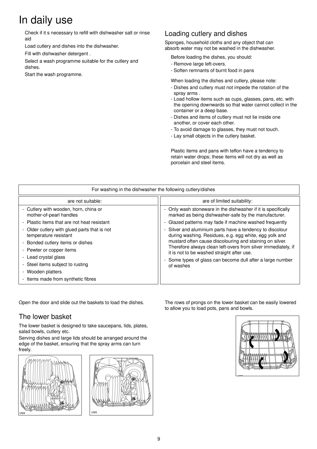 Zanussi ZSF 6160 manual Daily use, Loading cutlery and dishes, Lower basket, Are of limited suitability 