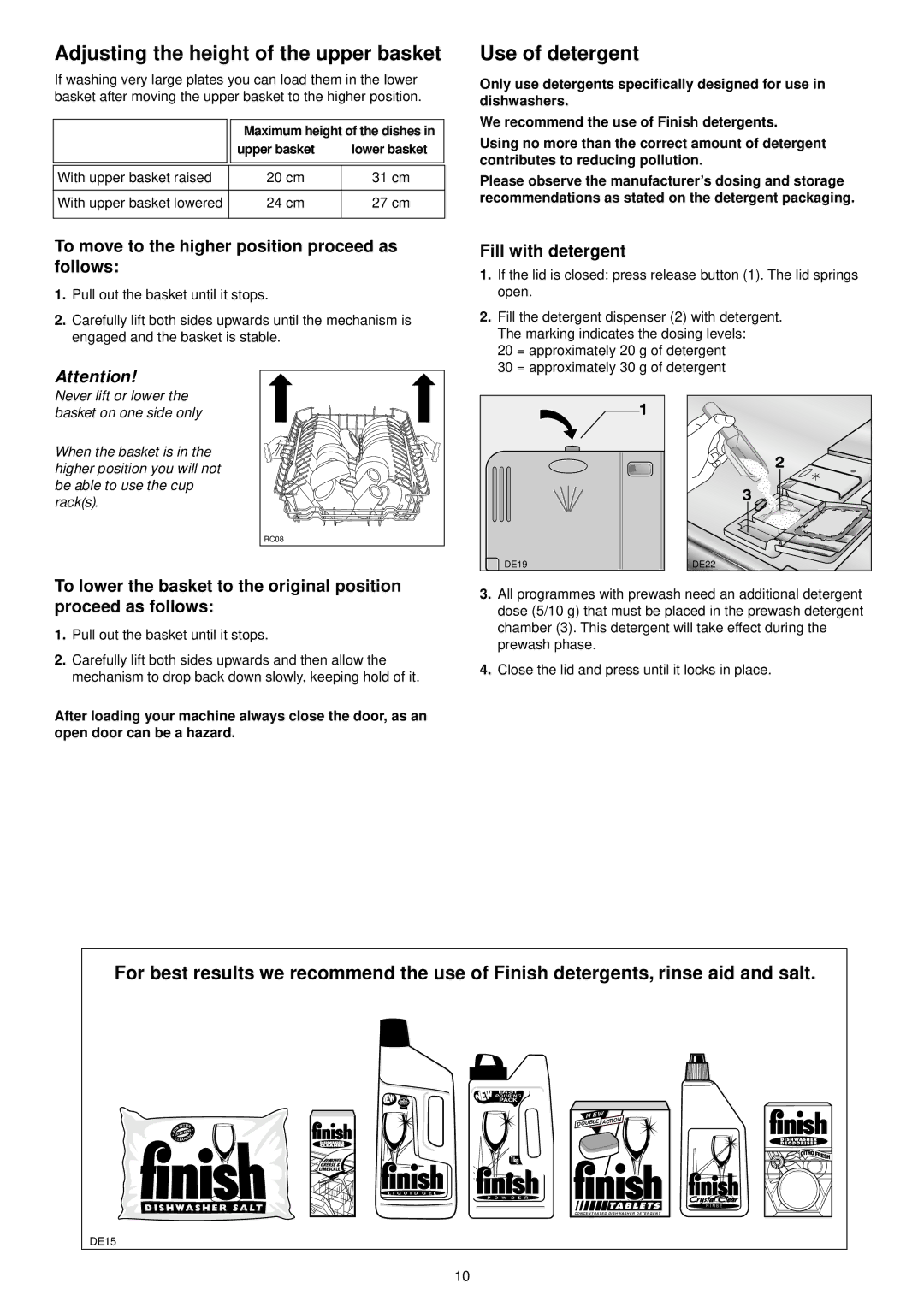 Zanussi ZSF 6161 S manual Adjusting the height of the upper basket, Use of detergent, Fill with detergent 