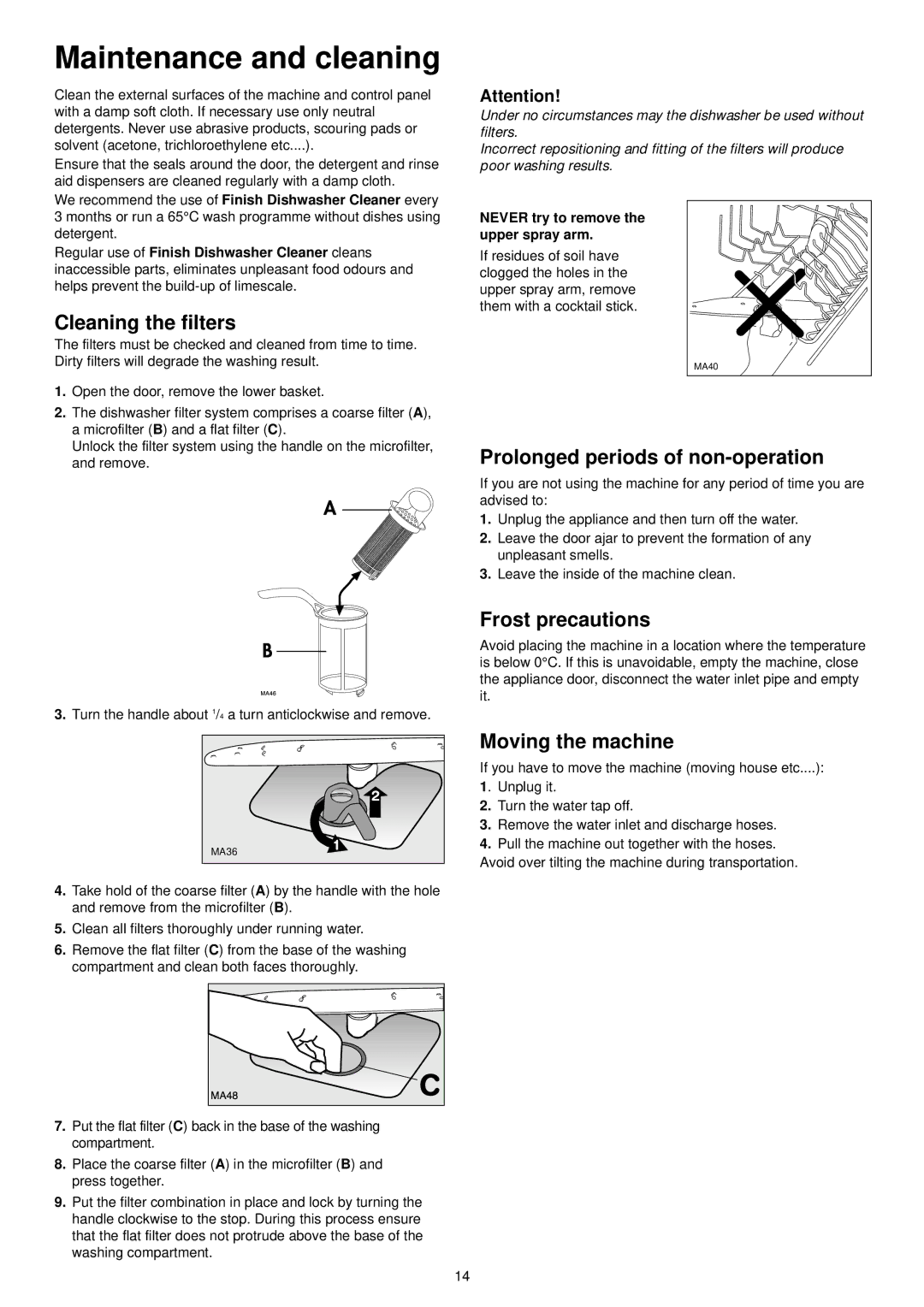 Zanussi ZSF 6161 Maintenance and cleaning, Cleaning the filters, Prolonged periods of non-operation, Frost precautions 