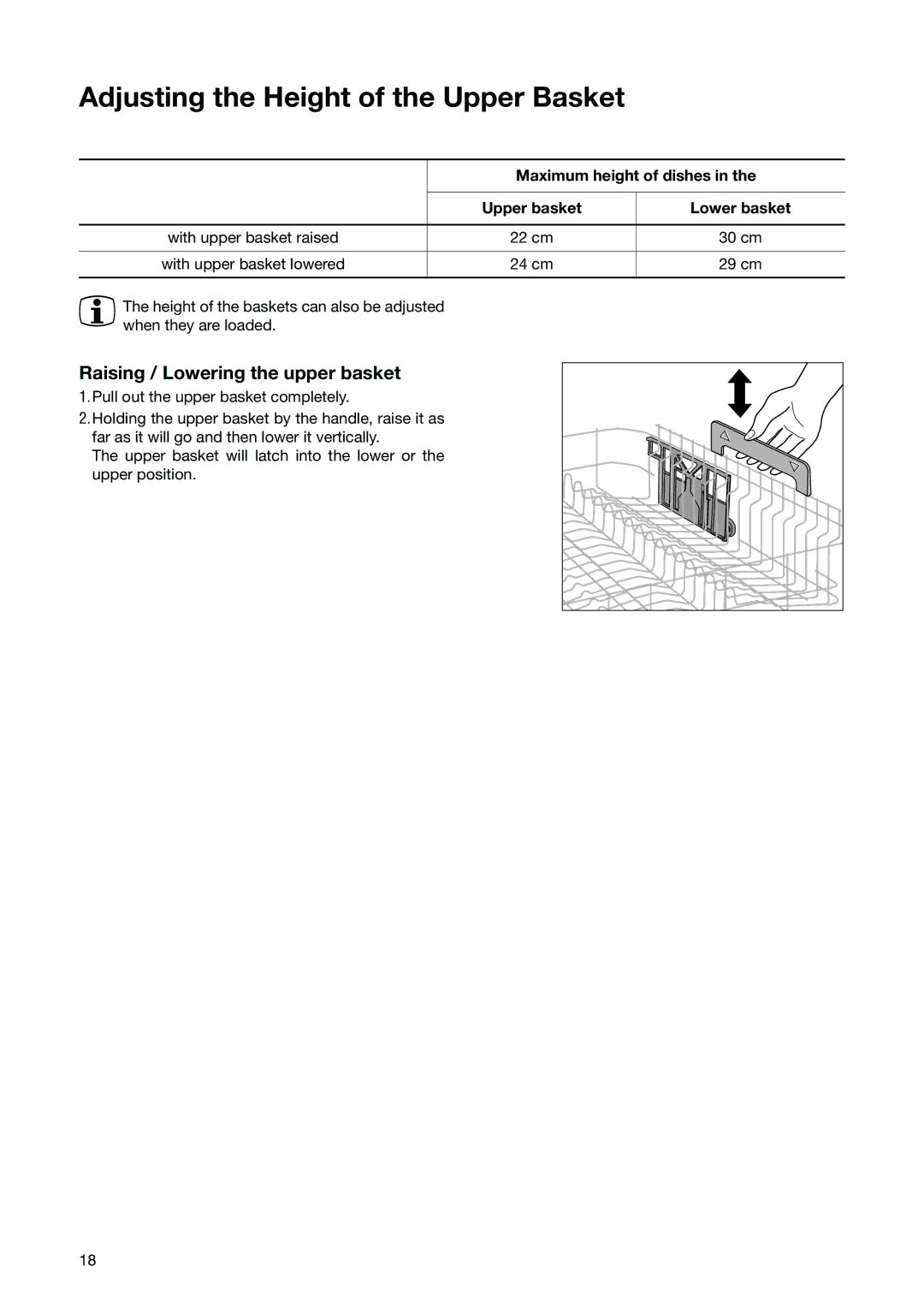 Zanussi ZSF 6171 Adjusting the Height of the Upper Basket, Raising / Lowering the upper basket, Maximum height of dishes 