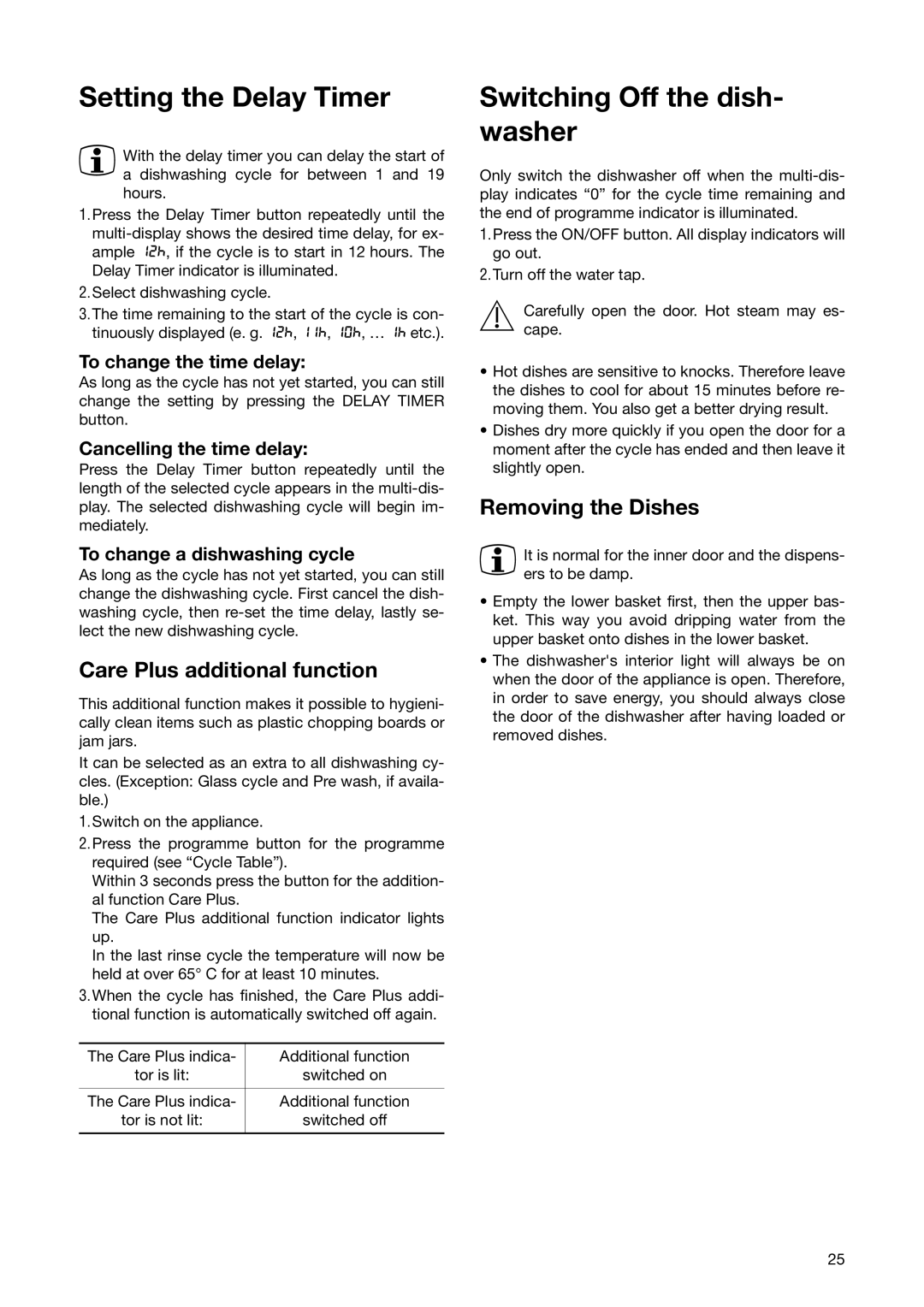 Zanussi ZSF 6171 manual Setting the Delay Timer, Switching Off the dish- washer, Care Plus additional function 