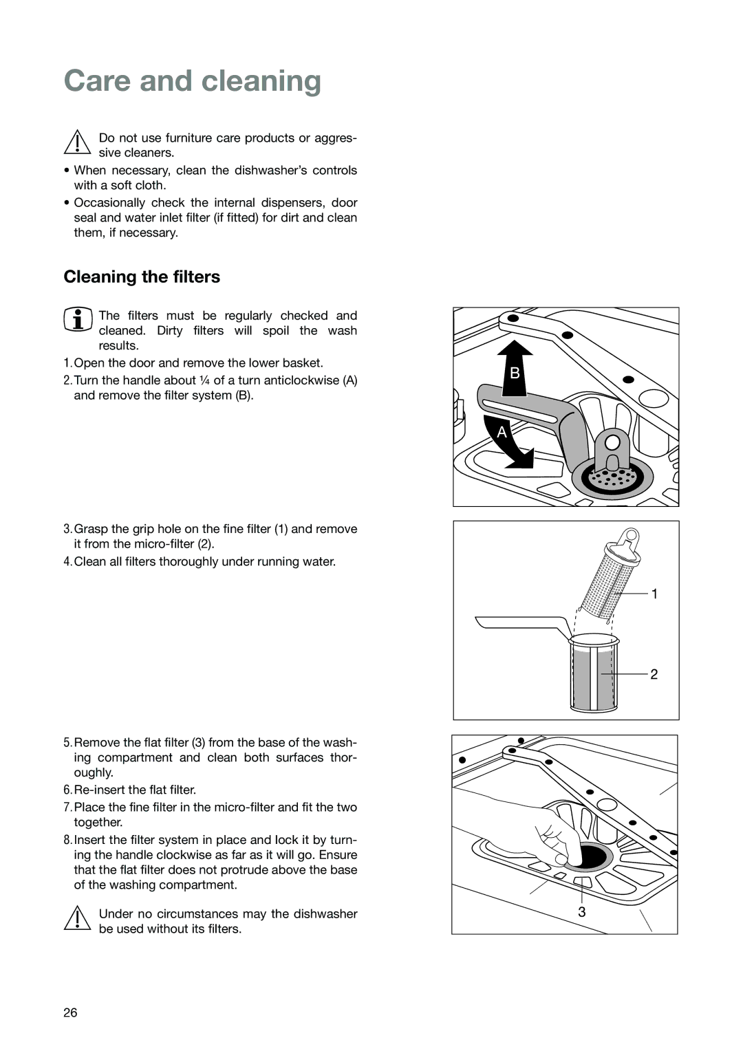 Zanussi ZSF 6171 manual Care and cleaning, Cleaning the filters 