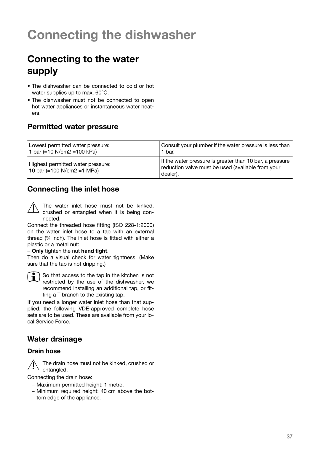 Zanussi ZSF 6171 manual Connecting the dishwasher, Connecting to the water supply, Permitted water pressure, Water drainage 