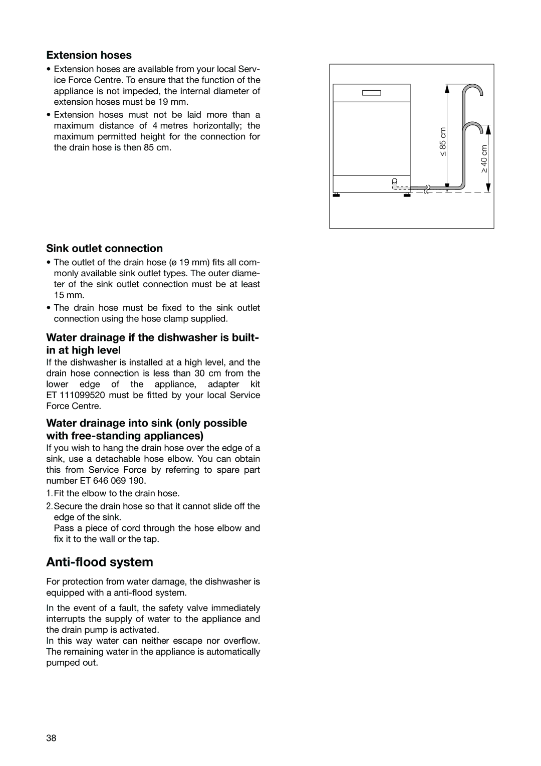 Zanussi ZSF 6171 manual Anti-flood system, Extension hoses, Sink outlet connection 