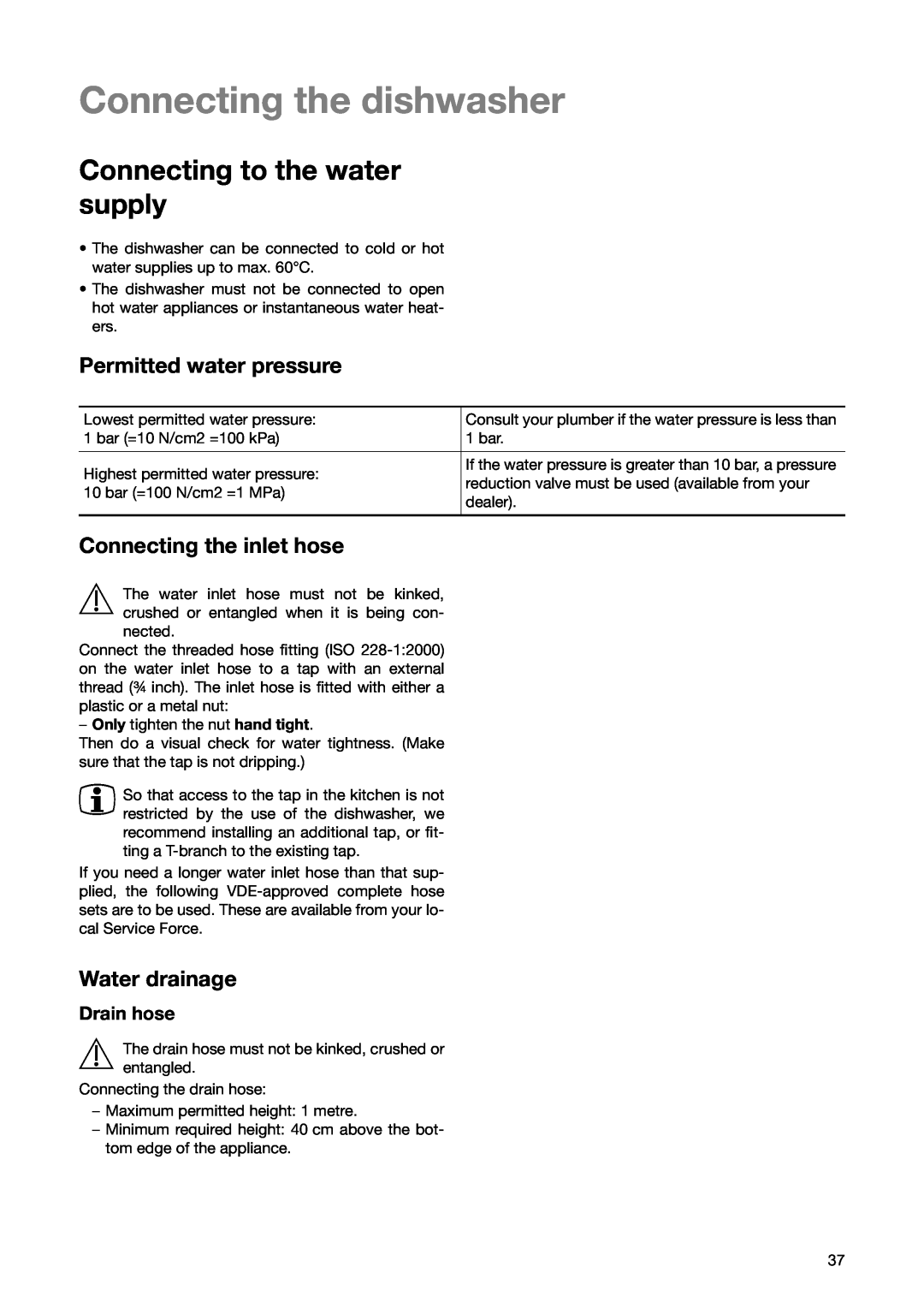 Zanussi ZSF 6171 manual Connecting the dishwasher, Connecting to the water supply, Permitted water pressure, Water drainage 