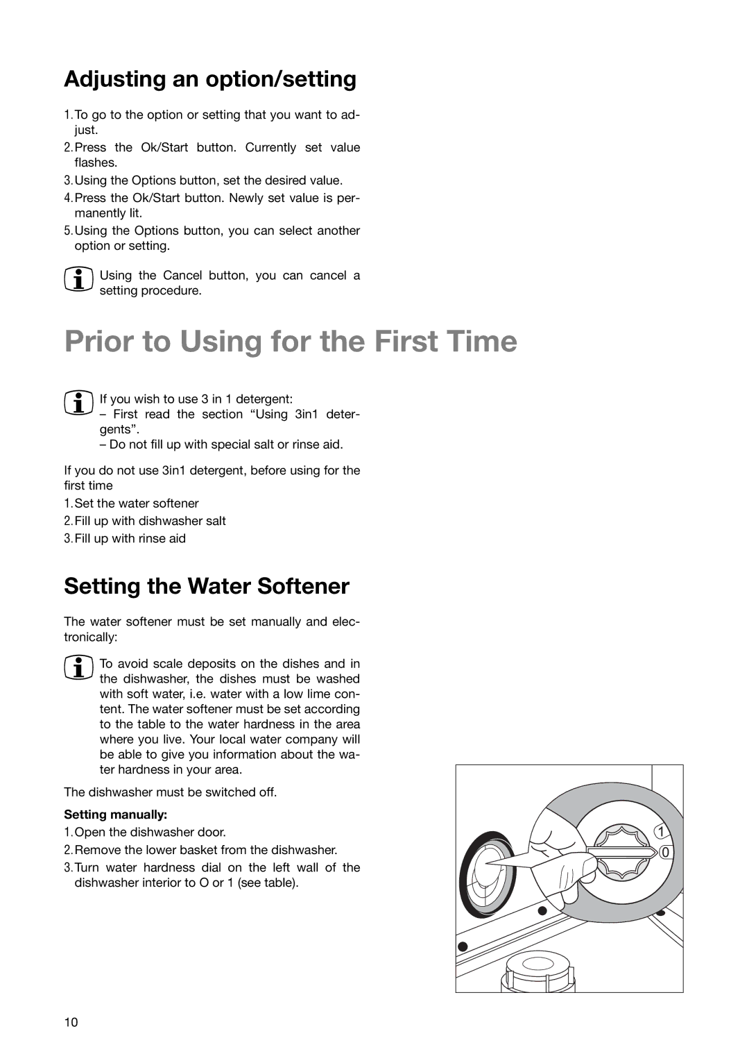 Zanussi ZSF 6280 manual Prior to Using for the First Time, Adjusting an option/setting, Setting the Water Softener 