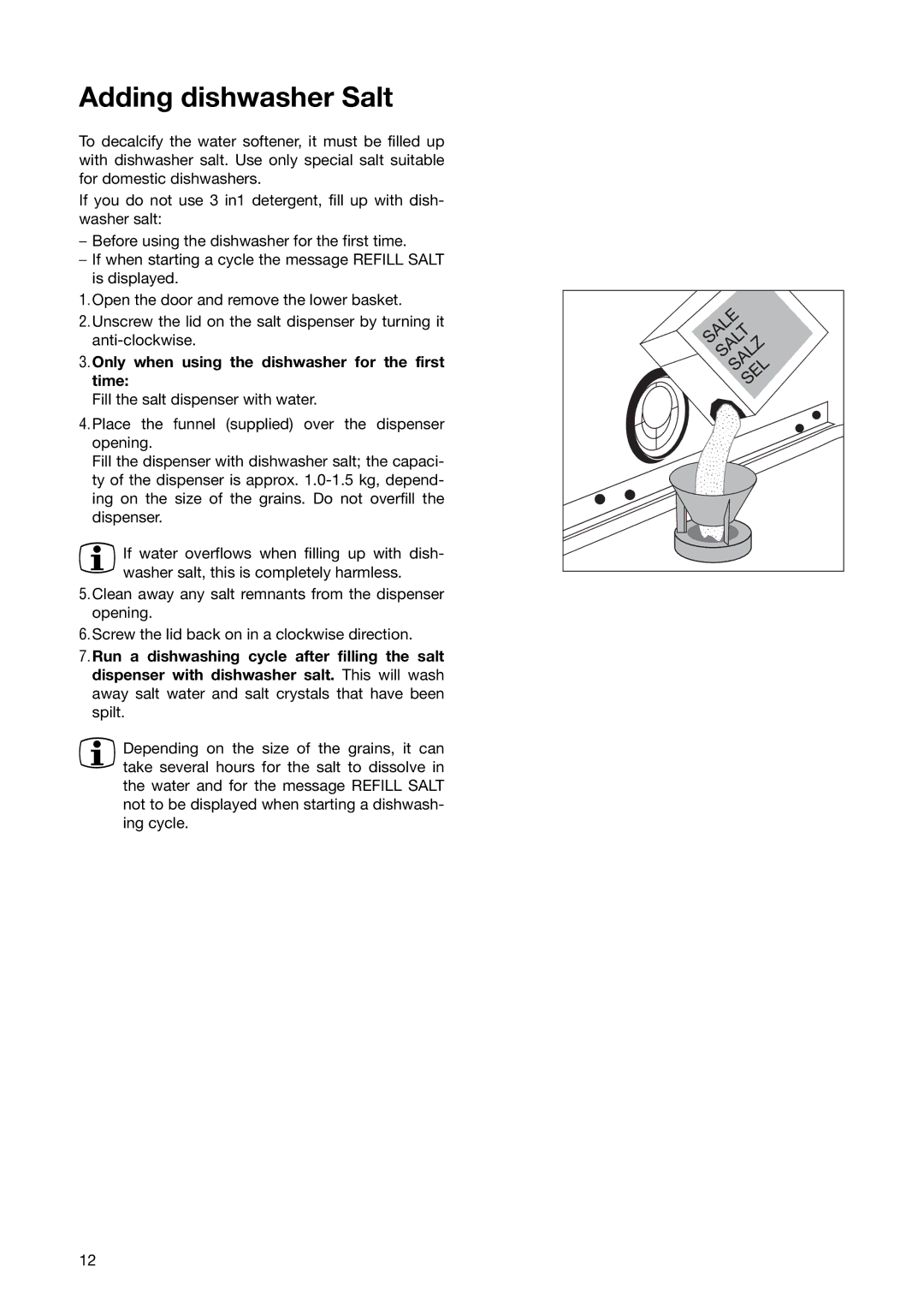 Zanussi ZSF 6280 manual Adding dishwasher Salt, Only when using the dishwasher for the first time 