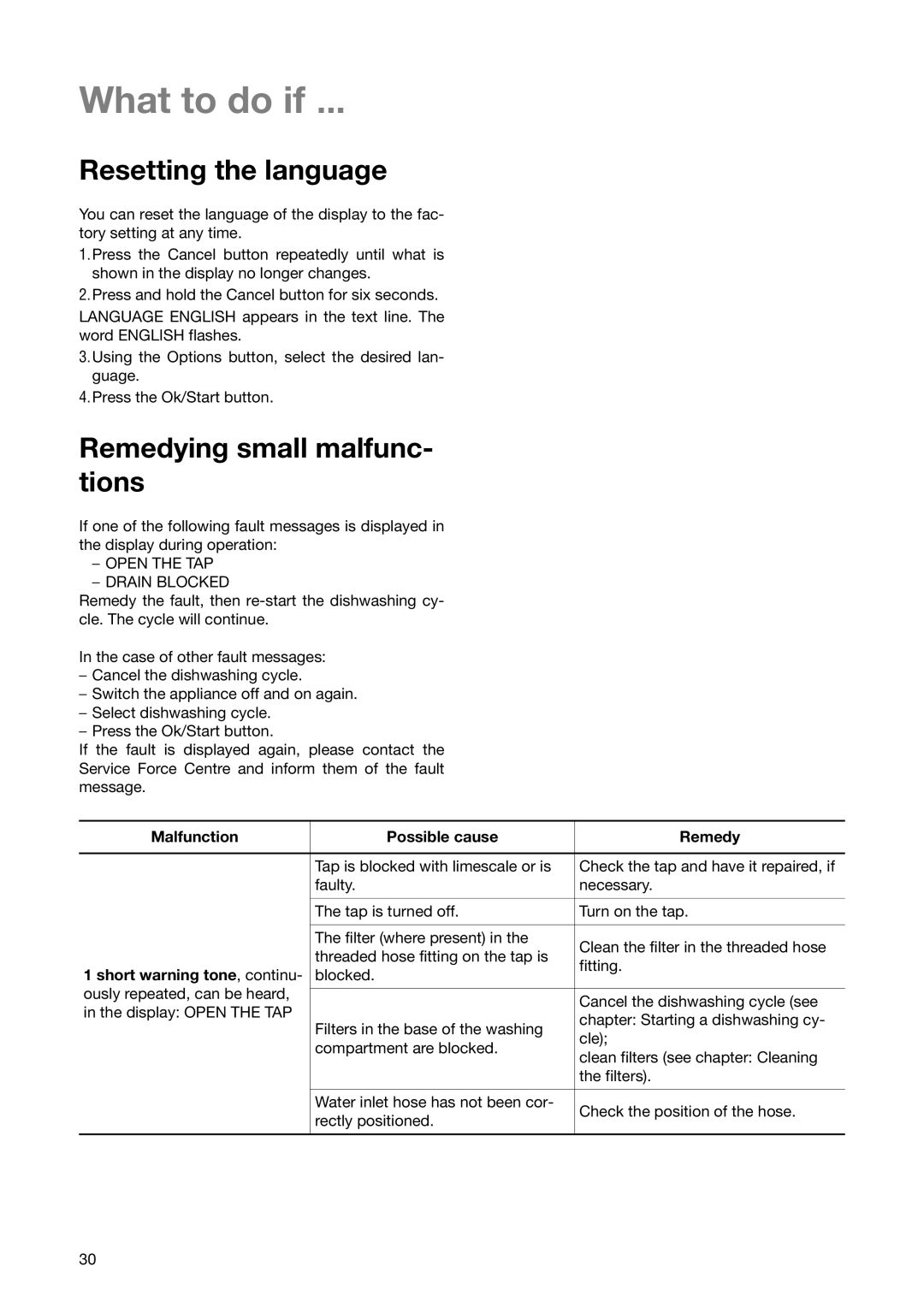 Zanussi ZSF 6280 What to do if …, Resetting the language, Remedying small malfunc- tions, Short warning tone, continu 