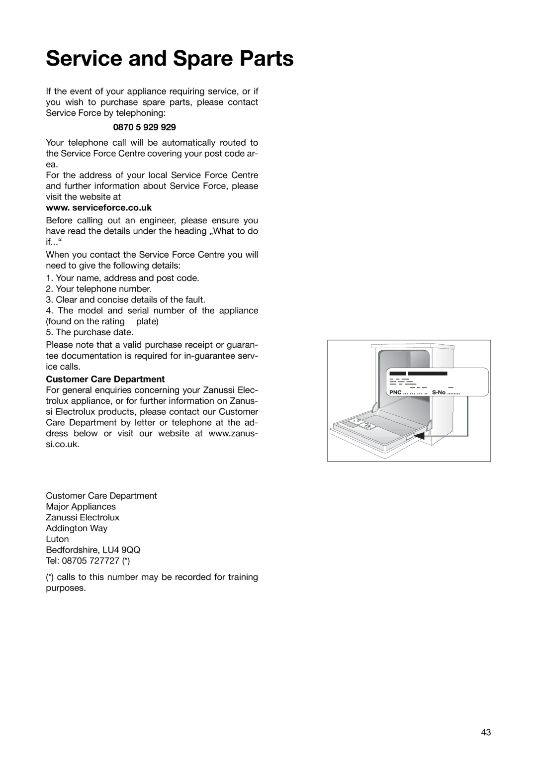 Zanussi ZSF 6280 manual 0870 5 929, Customer Care Department 