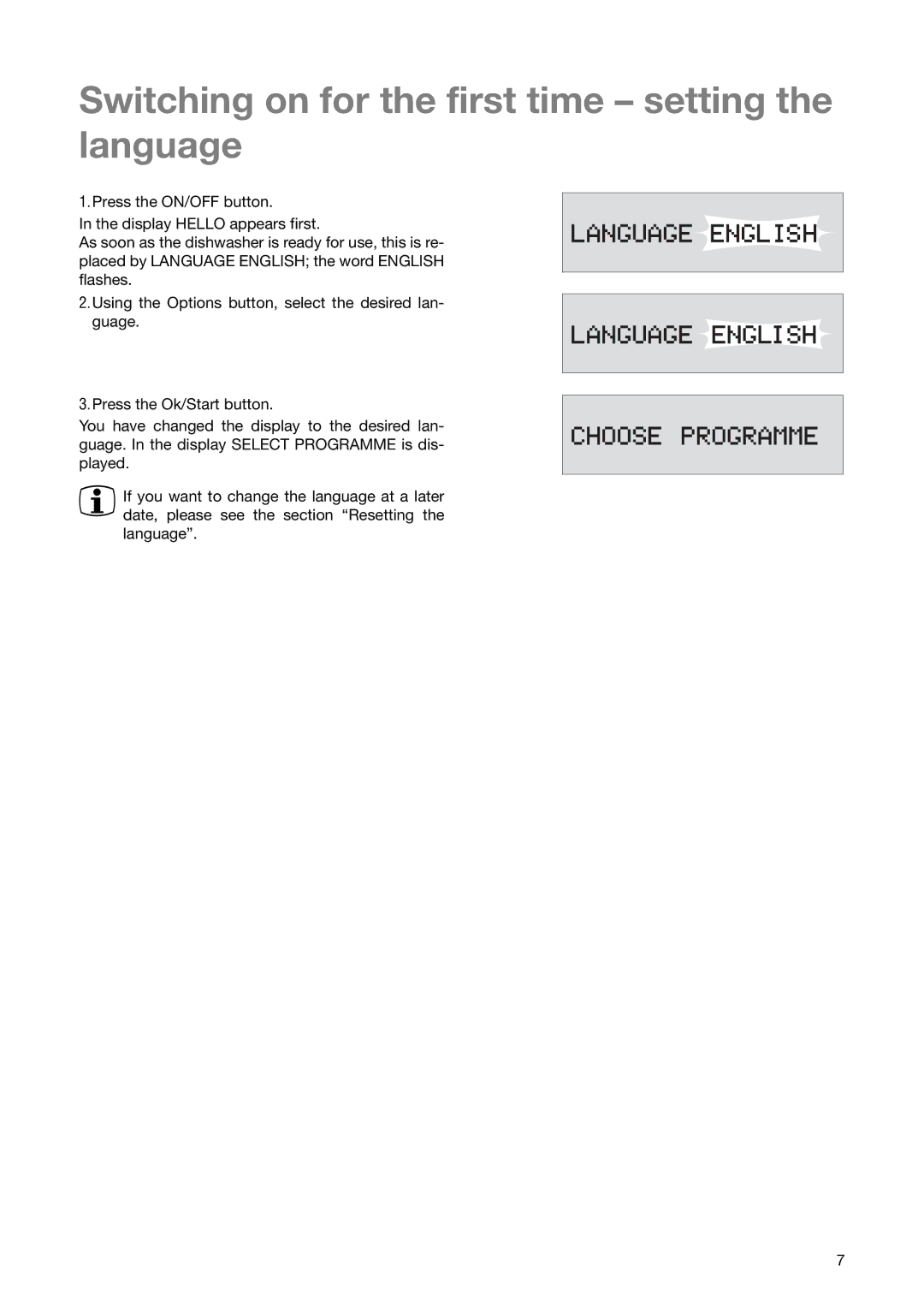 Zanussi ZSF 6280 manual Switching on for the first time setting the language 