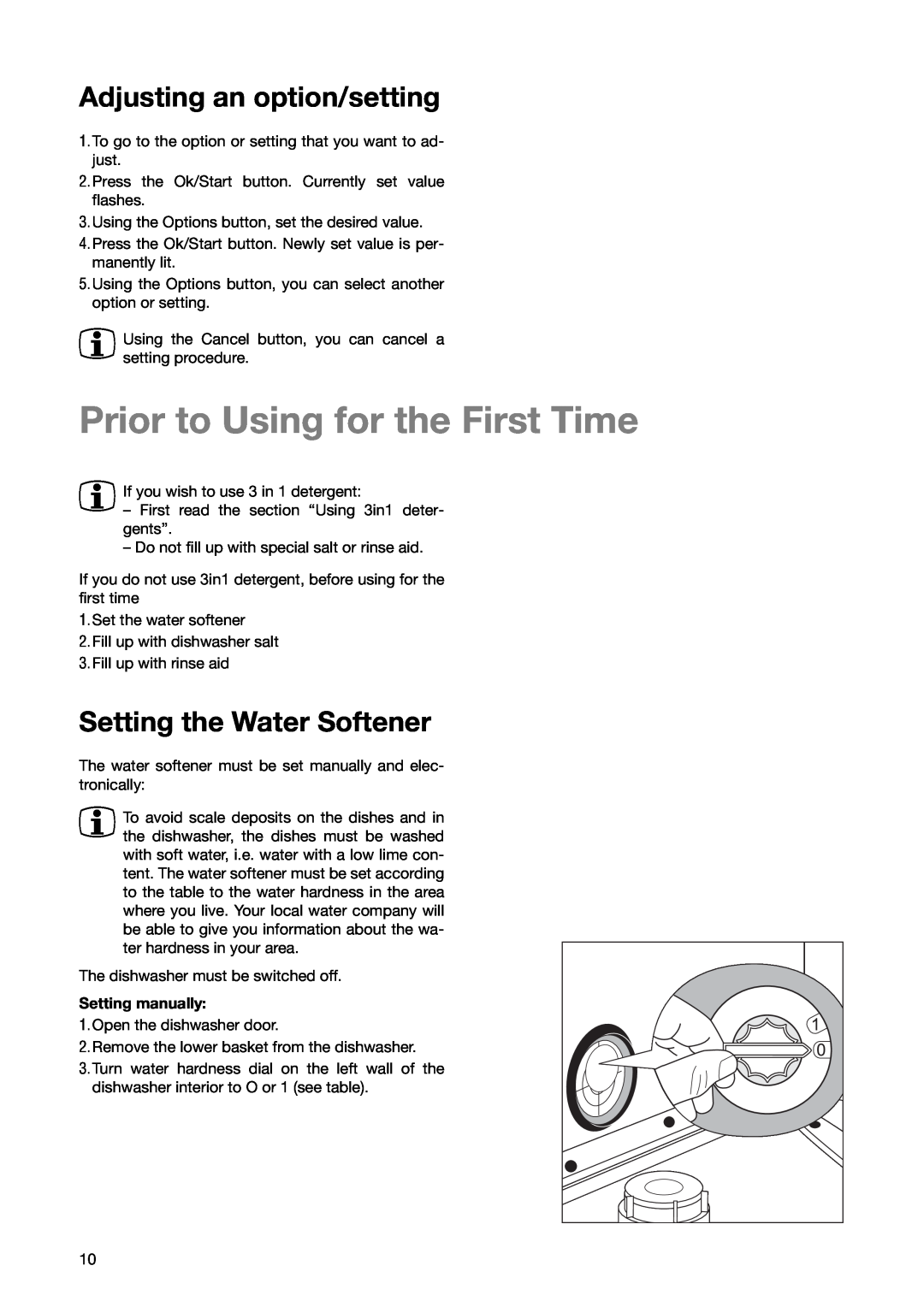 Zanussi ZSF 6280 manual Prior to Using for the First Time, Adjusting an option/setting, Setting the Water Softener 