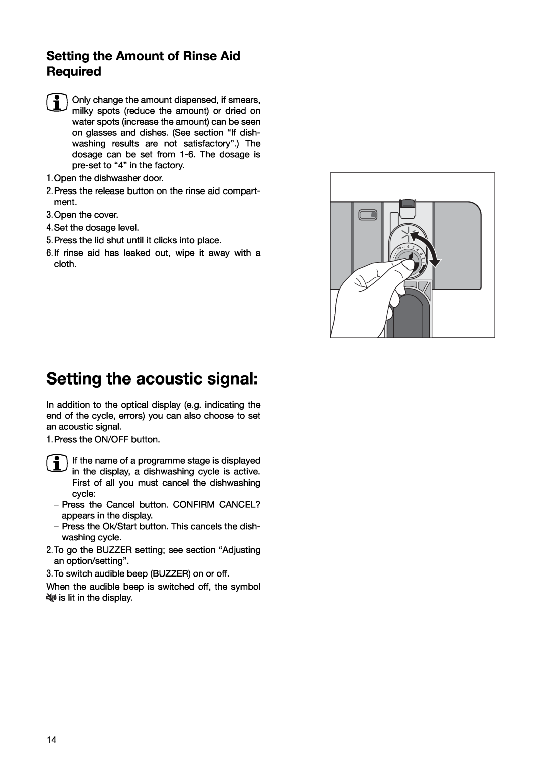 Zanussi ZSF 6280 manual Setting the acoustic signal, Setting the Amount of Rinse Aid Required 