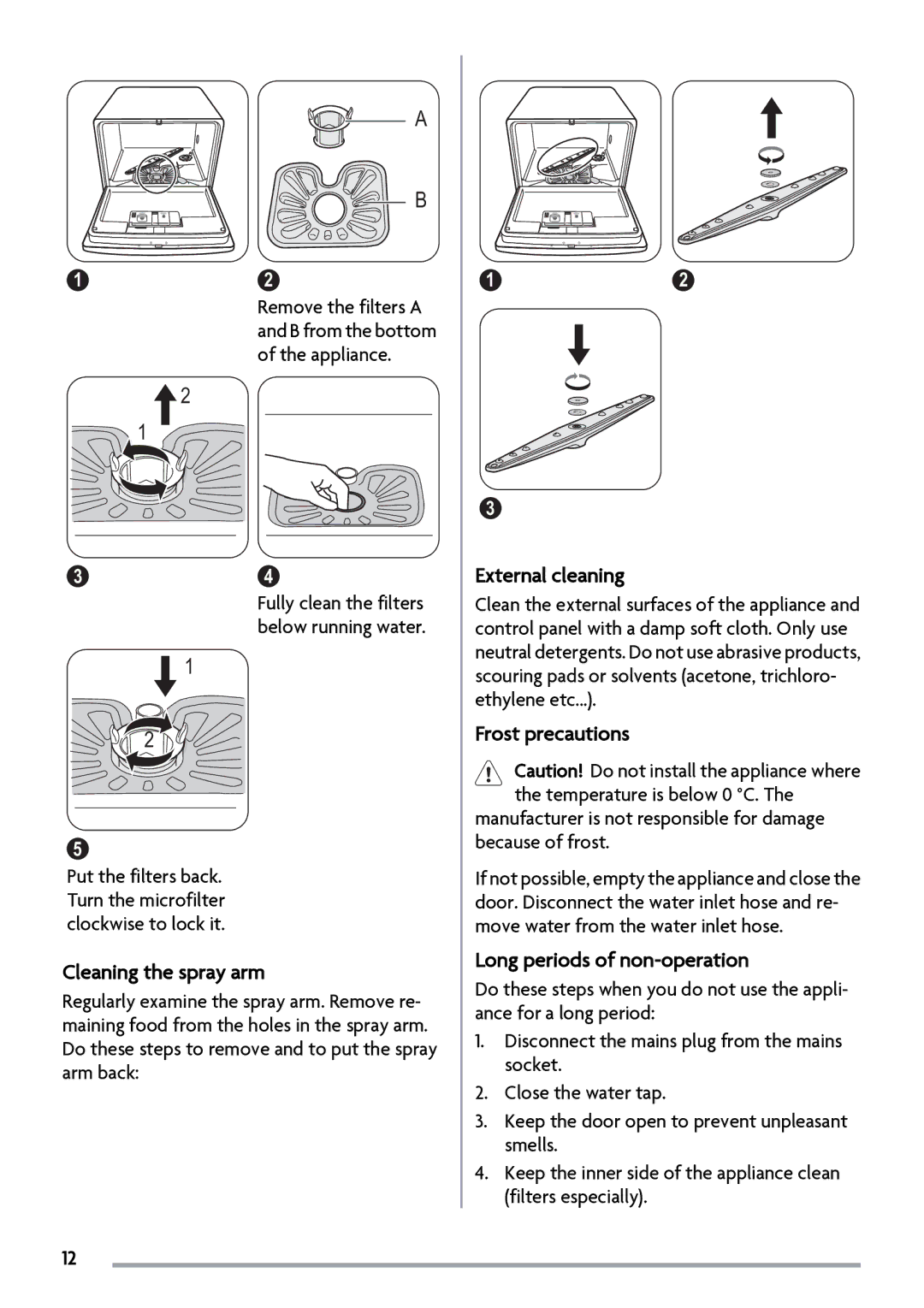 Zanussi ZSF2450 manual Cleaning the spray arm, External cleaning, Frost precautions, Long periods of non-operation 