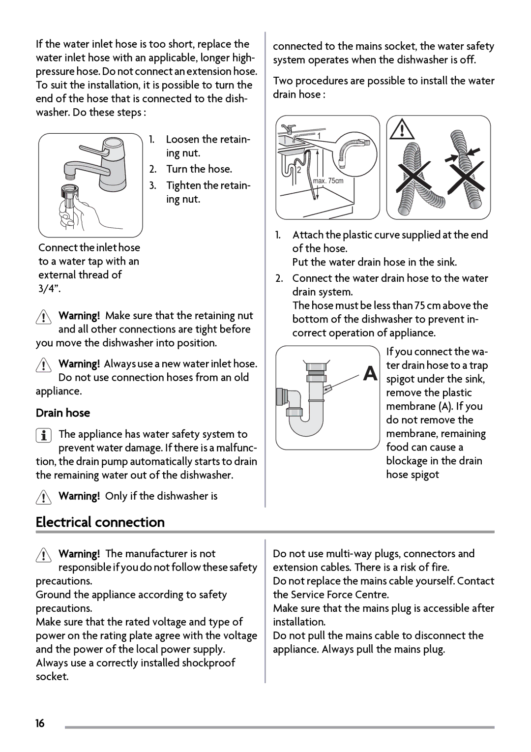 Zanussi ZSF2450 manual Electrical connection, Drain hose, Two procedures are possible to install the water drain hose 