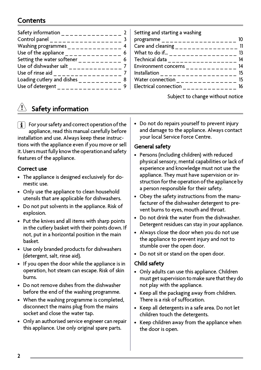 Zanussi ZSF2450 manual Contents, Safety information 