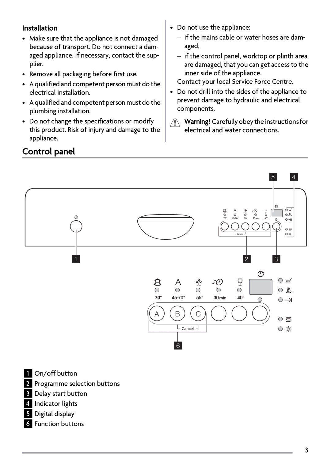 Zanussi ZSF2450 manual Control panel, Installation 