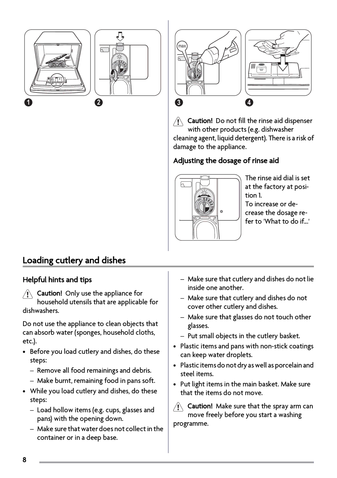 Zanussi ZSF2450 manual Loading cutlery and dishes, Adjusting the dosage of rinse aid, Helpful hints and tips 