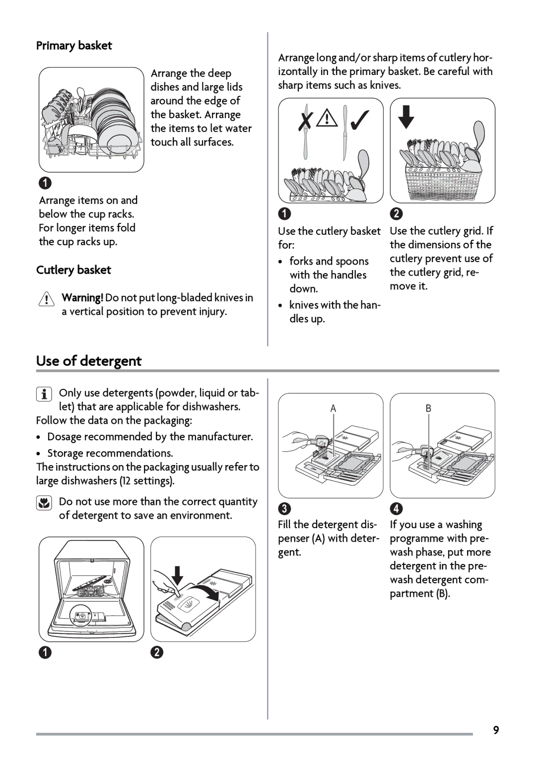 Zanussi ZSF2450 manual Use of detergent, Primary basket, Cutlery basket 